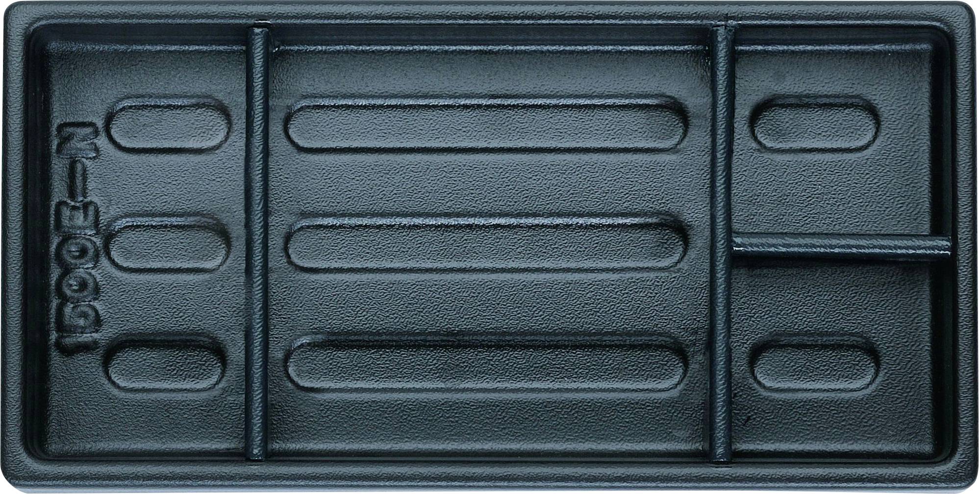 Plateau en plastique noir à plusieurs compartiments, portant l'inscription 'FOOD-N' sur le côté, destiné à l'organisation d'objets.