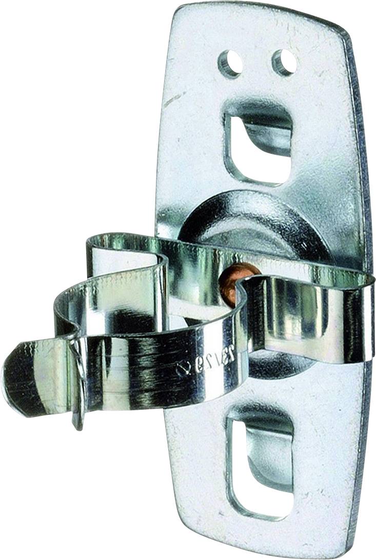 Support de fixation métallique pour crochets ou outils, couleur argent, avec un clip ondulé et deux trous de vis pour une fixation murale.