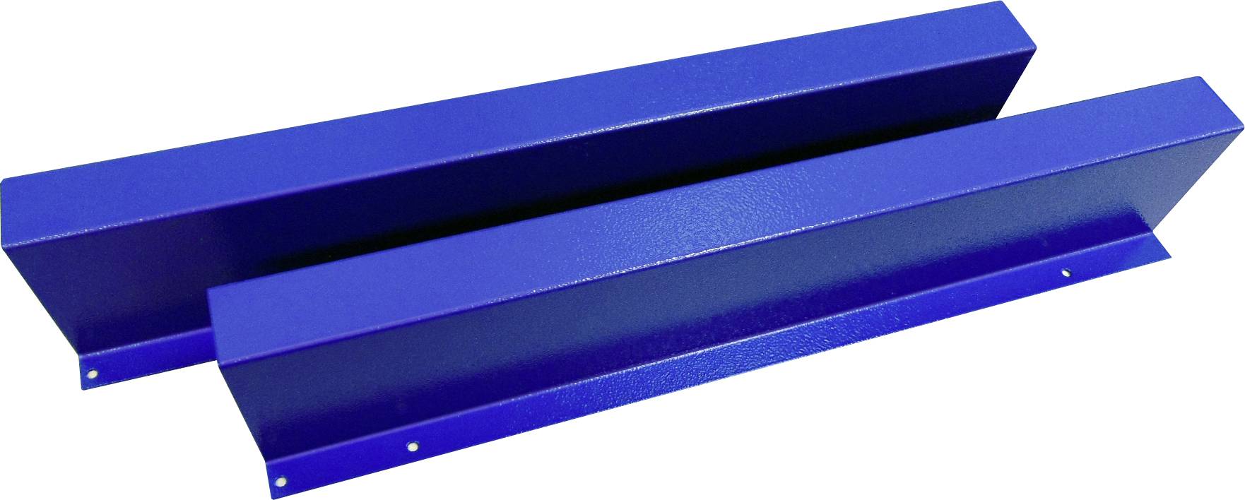 Deux équerres métalliques bleues en forme de L sont disposées côte à côte. Elles sont probablement des composants ou des supports pour une construction.