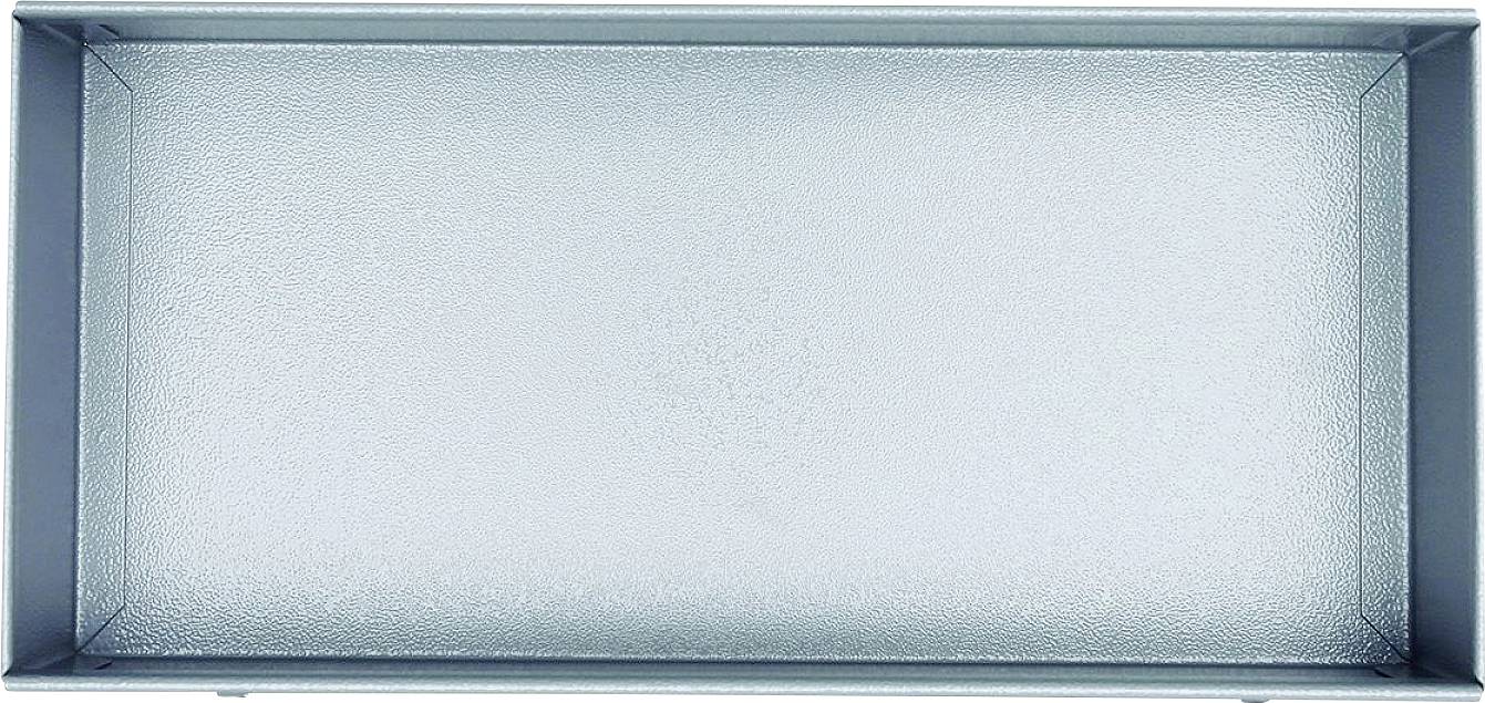 Boîte rectangulaire en métal vide avec un fond légèrement texturé, vue de dessus.