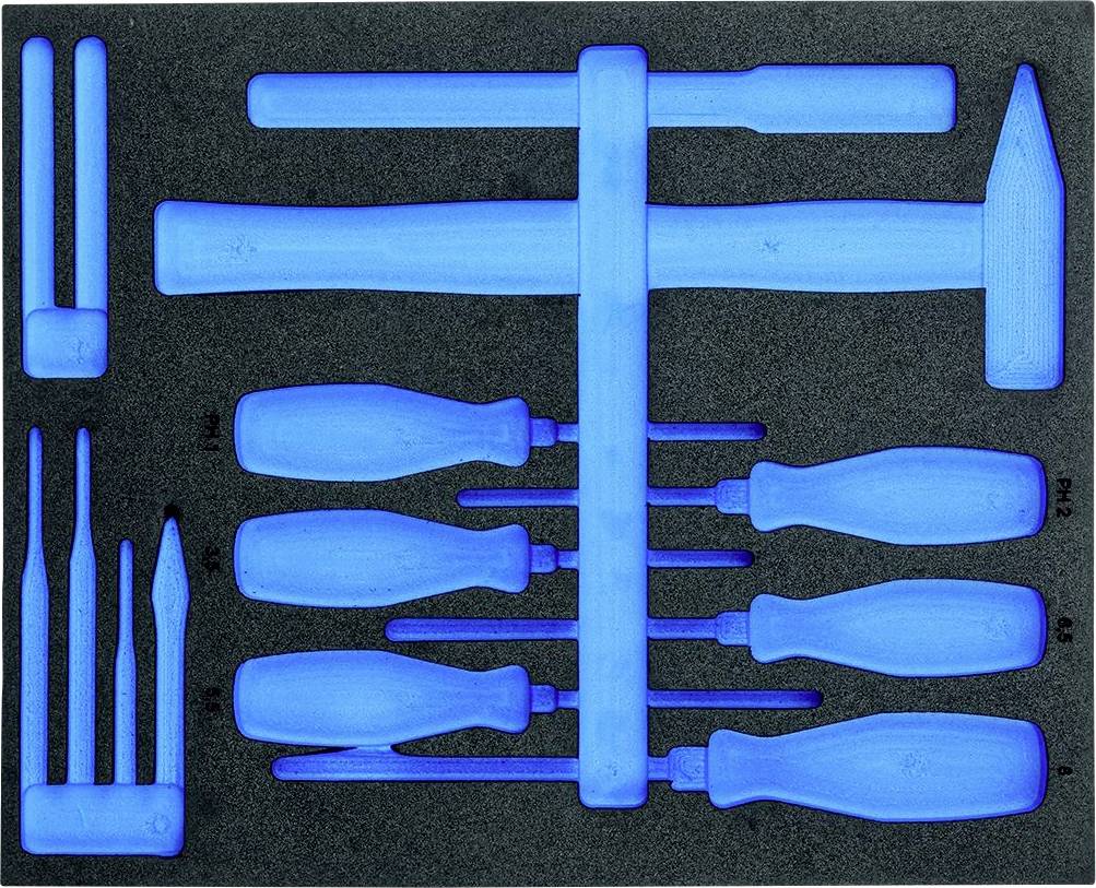 Un ensemble d'outils manuels différents, comprenant des tournevis et un marteau, disposés dans un support en mousse bleue.