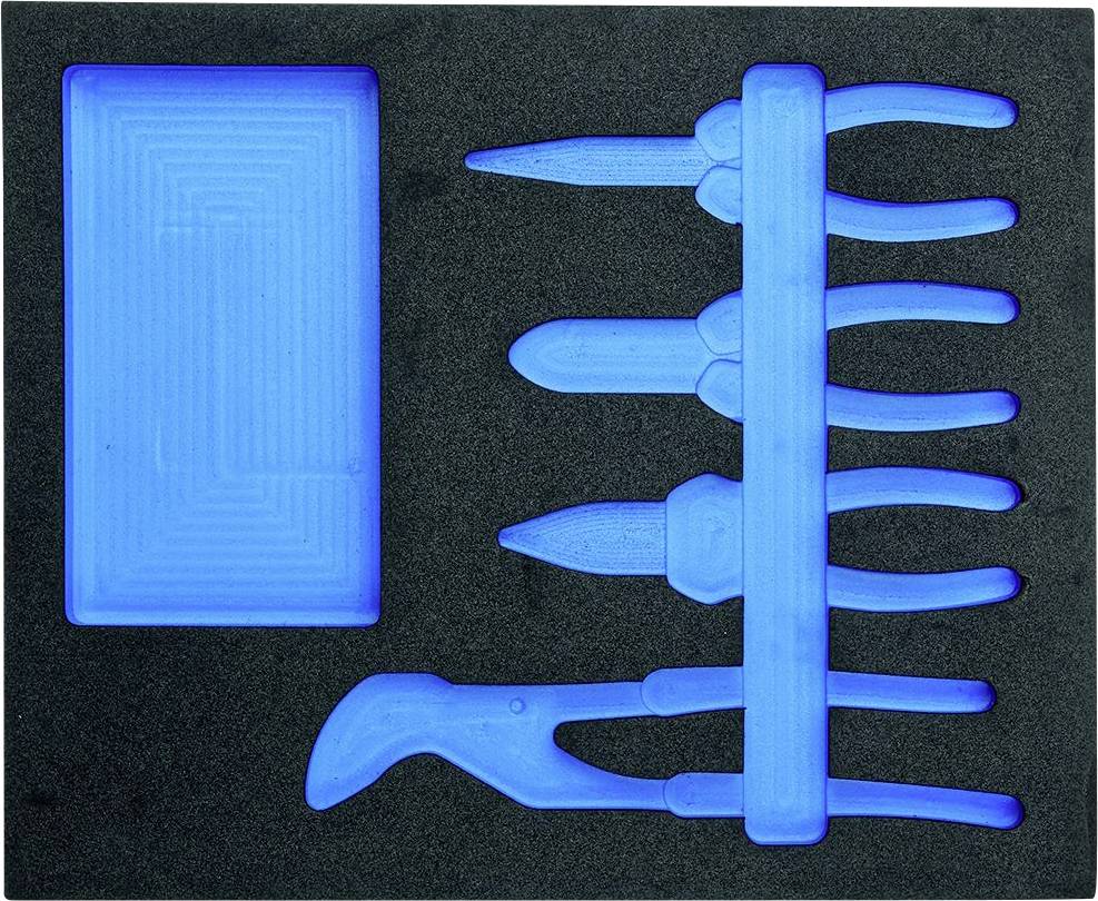 Mousse de protection avec cinq outils en plastique bleus sur un fond noir. Les outils comprennent quatre petits modèles et un grand modèle.