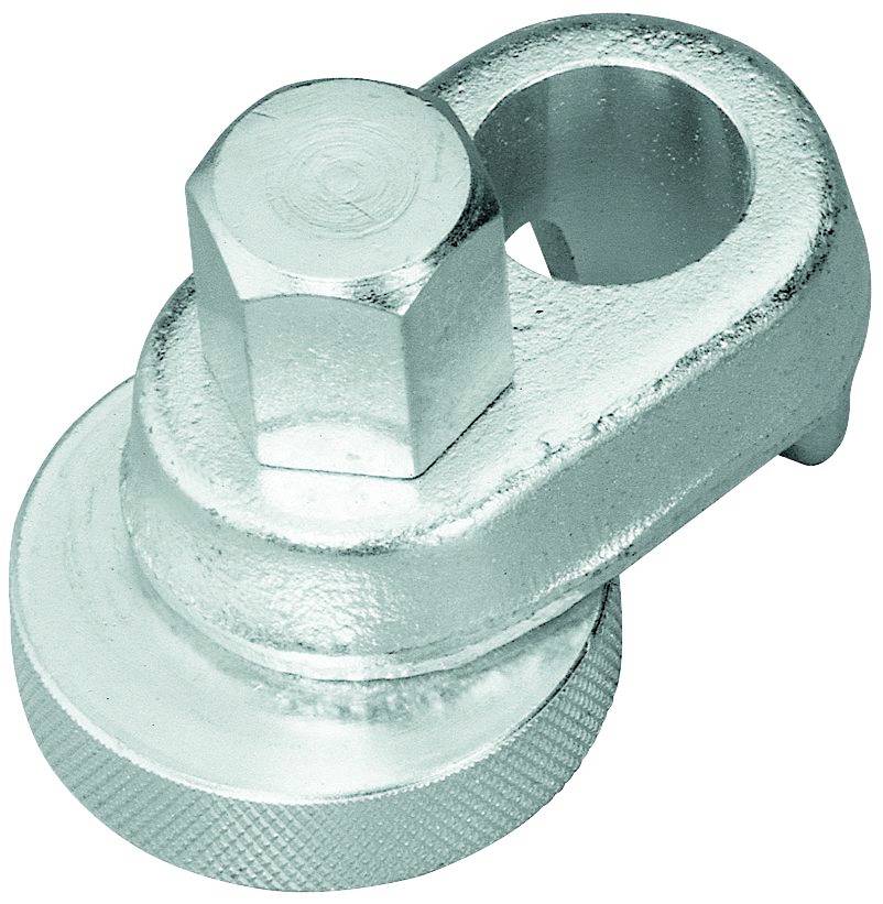 Clé métallique pour bouchon de radiateur avec poignée hexagonale et trou rond au sommet, utilisée pour retirer les bouchons de radiateur.