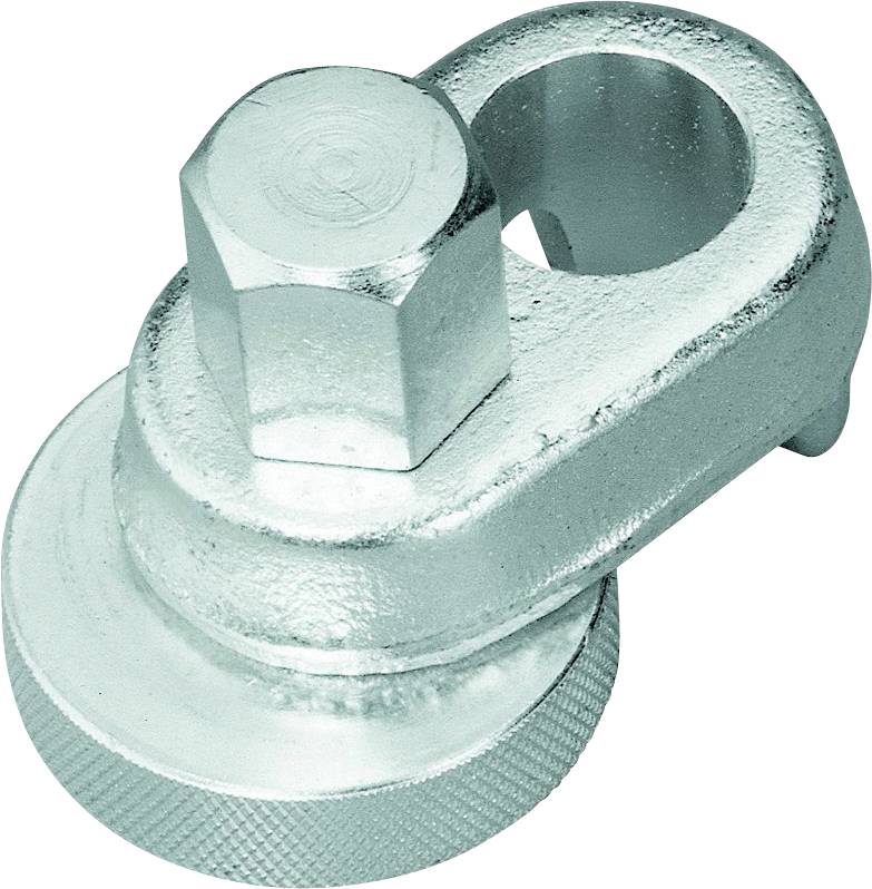 Cosse de câble métallique pour connexions automobiles ou de batterie, en matériau argenté avec base ronde et fermeture à vis.