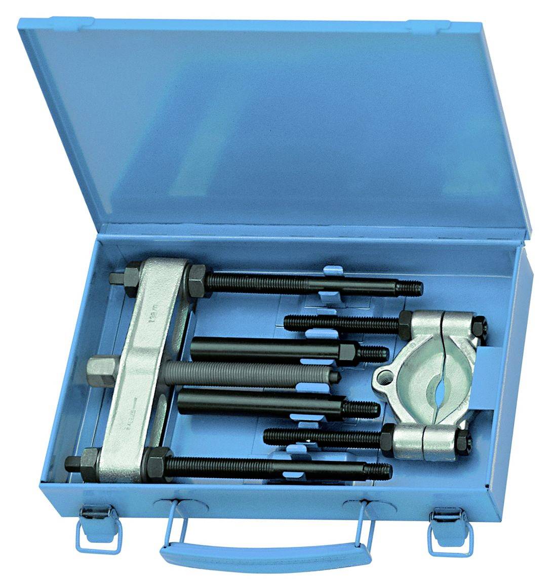Coffret bleu contenant un ensemble d'outils d'extraction, comprenant des serre-joints et des pièces métalliques, destiné au démontage de roulements et d'engrenages.
