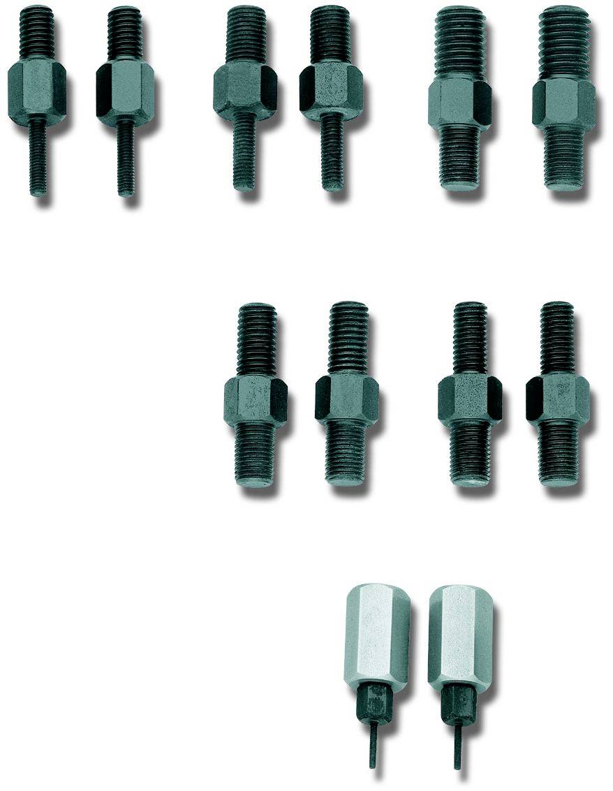 Une série de boulons métalliques dans différentes orientations. Quatre rangées de deux boulons chacune, dont deux outils spéciaux.