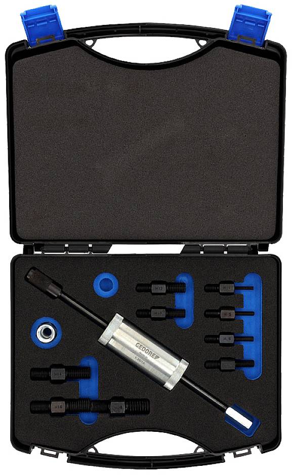 Coffret à outils comprenant différents embouts de tournevis et un marteau massette, avec un intérieur en mousse pour un rangement et un transport sécurisés.