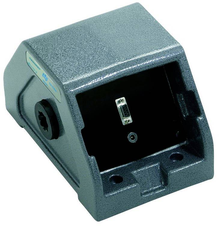 Boîtier métallique gris avec connexion pour installation de câbles. Forme rectangulaire avec trous de vis pour fixation.
