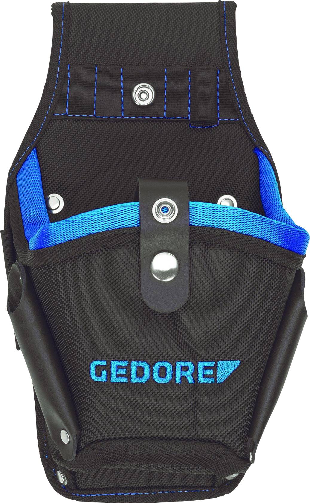 Porte-outils en tissu noir à plusieurs compartiments, avec des accents bleus et le lettrage 'GEDORE' sur la face avant.
