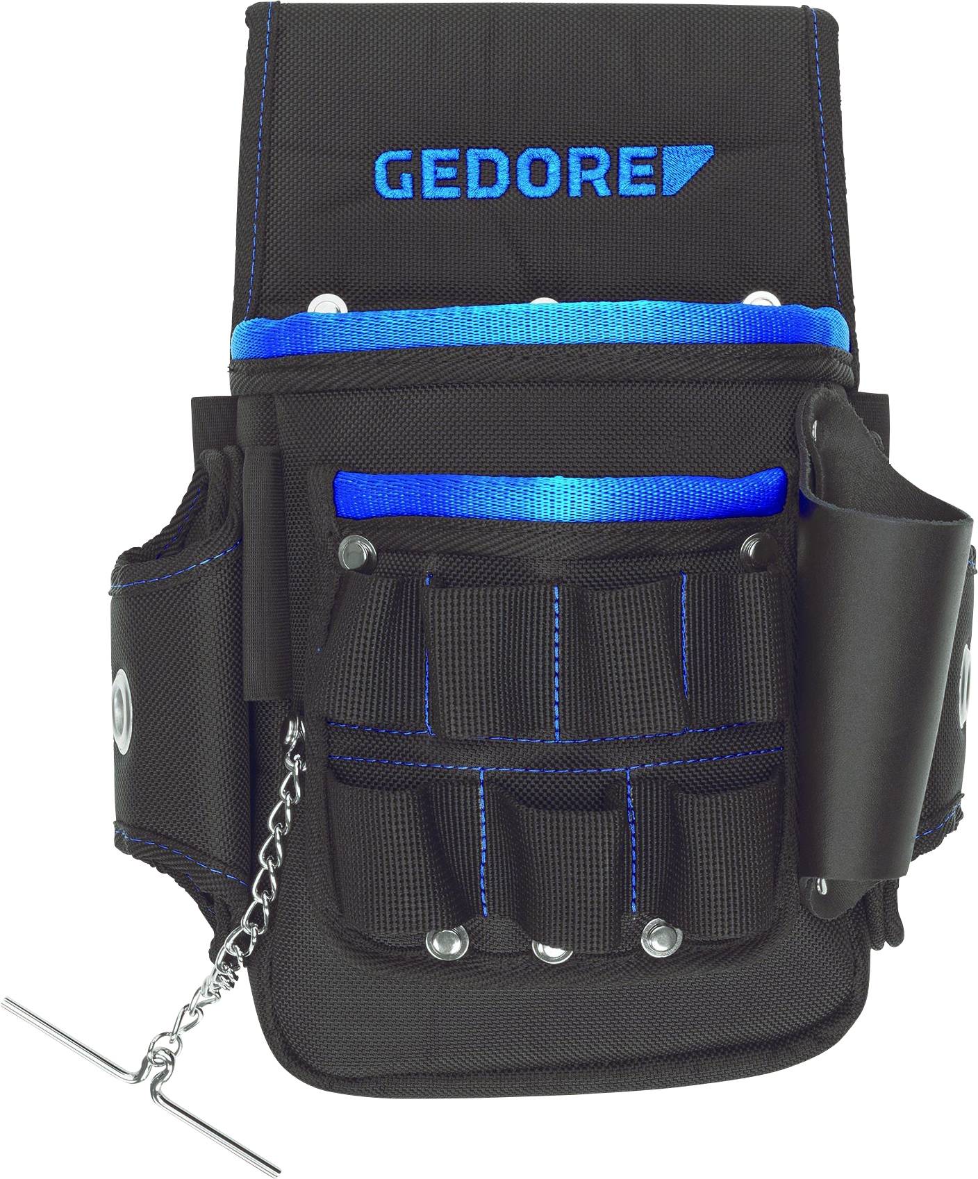 Sac à outils noir avec des touches bleues et plusieurs poches pour les outils, clé de chaîne fixée à gauche, avec le logo 'GEDORE' en haut.