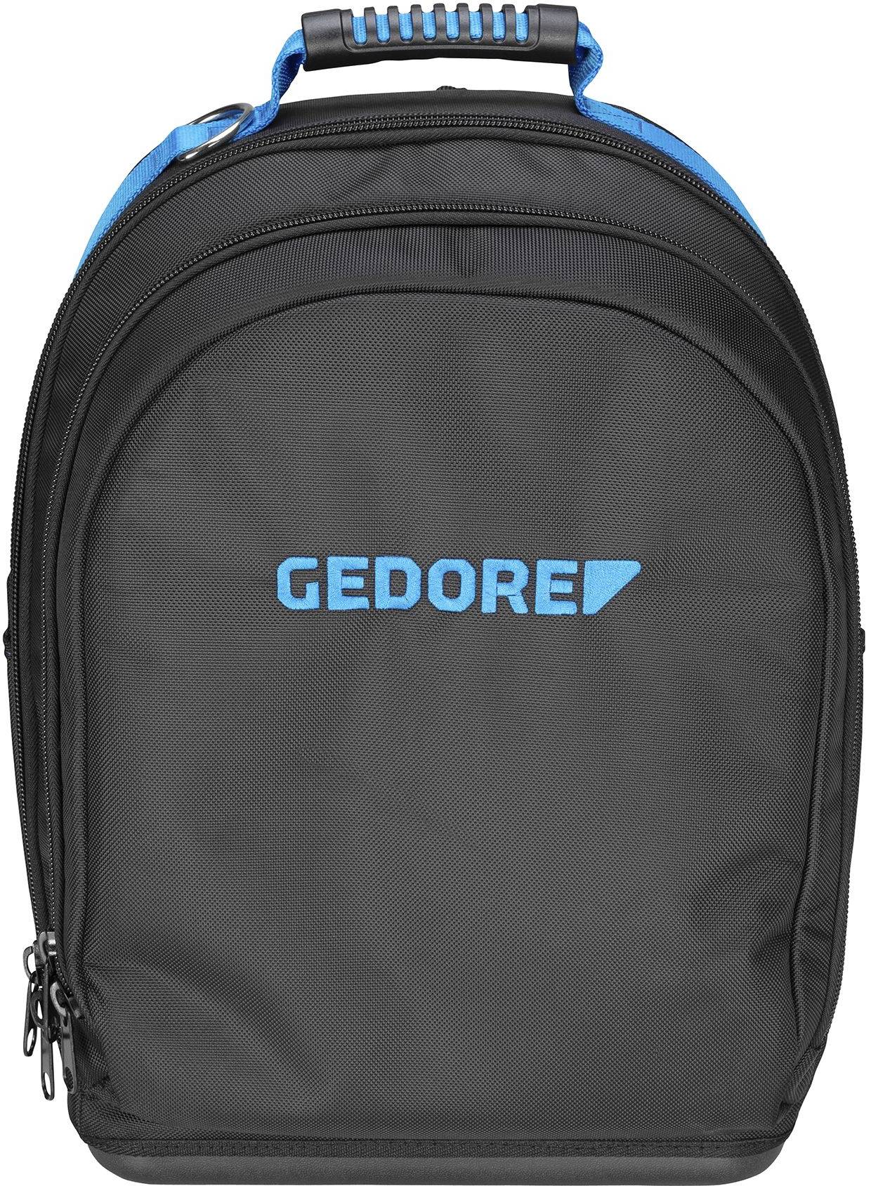 Un sac à dos noir avec l'inscription bleue 'GEDORE' sur l'avant. Le sac à dos est doté d'une poignée bleue en haut.