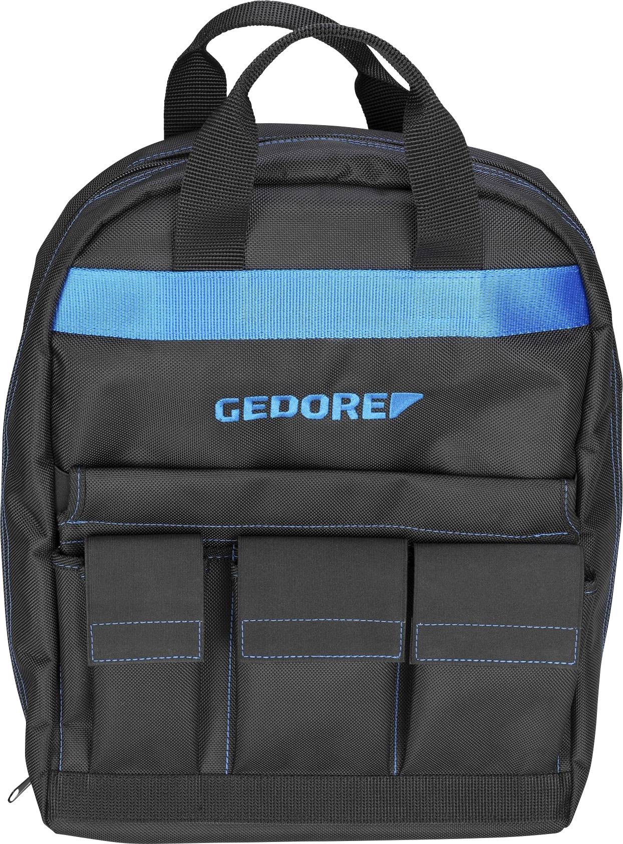 Sac à dos noir avec des accents bleus et plusieurs poches, portant le logo 'GEDORE'. Idéal pour le rangement des outils.
