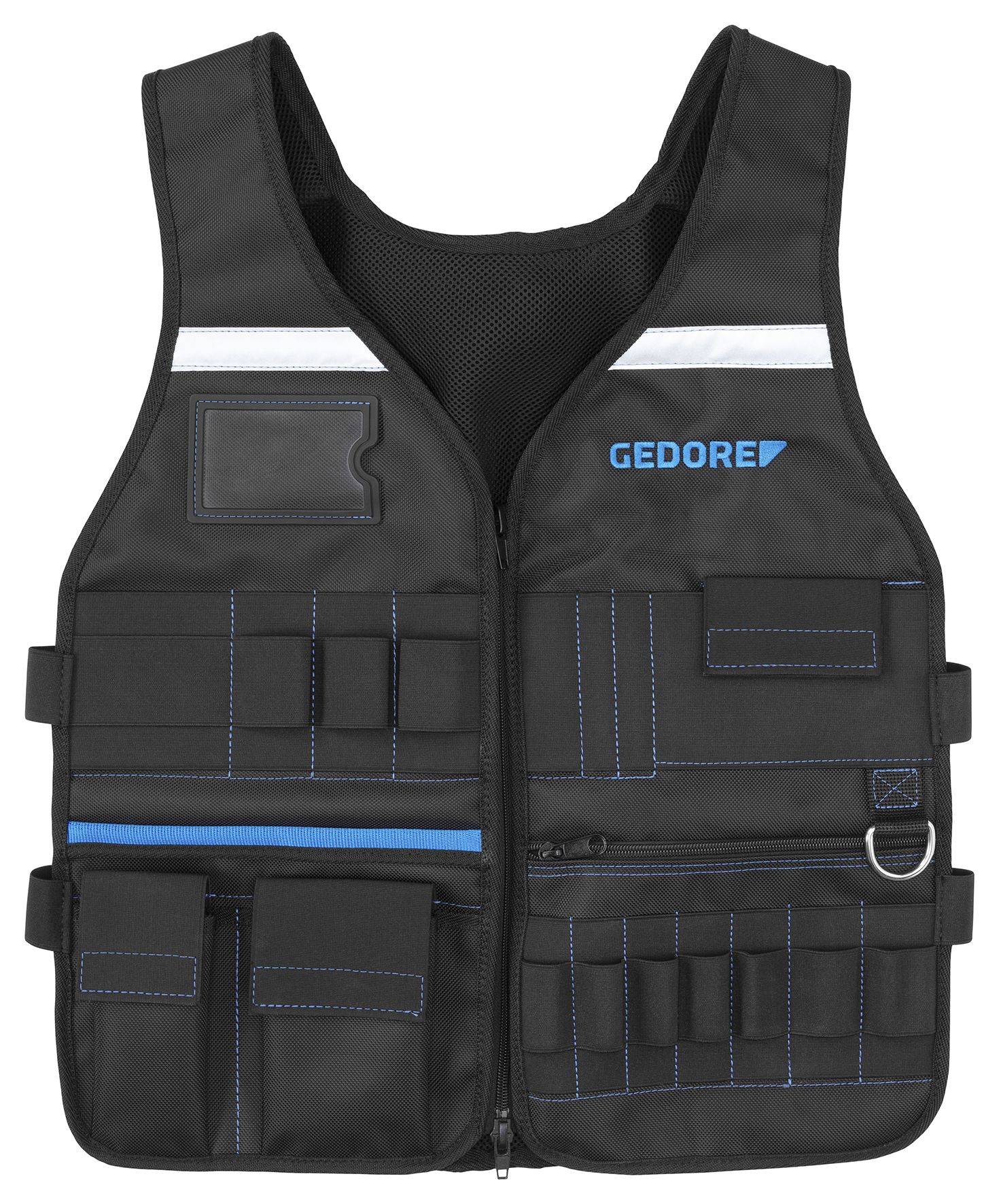 Un gilet à outils noir portant l'inscription 'GEDORE' en bleu sur la poitrine. Il dispose de plusieurs poches et passants.