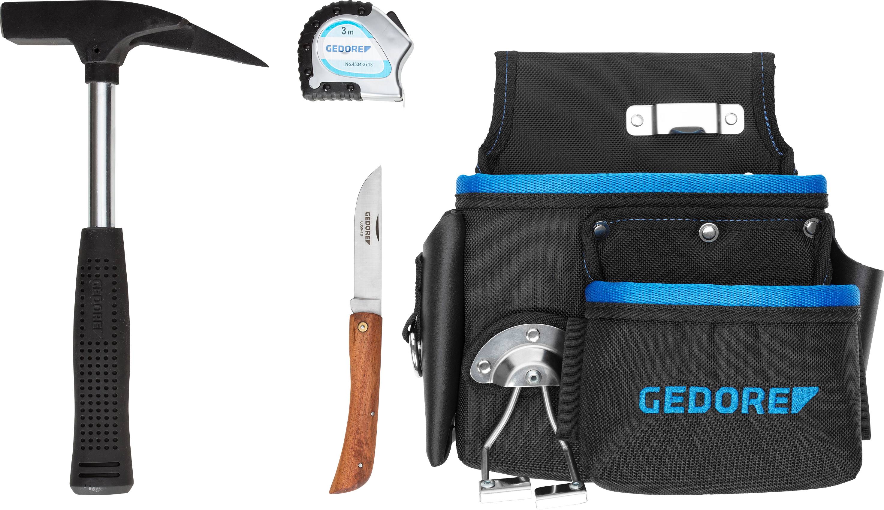 Un ensemble de ceinture à outils comprenant un marteau, un mètre ruban, un couteau pliant et un sac, idéal pour les artisans.