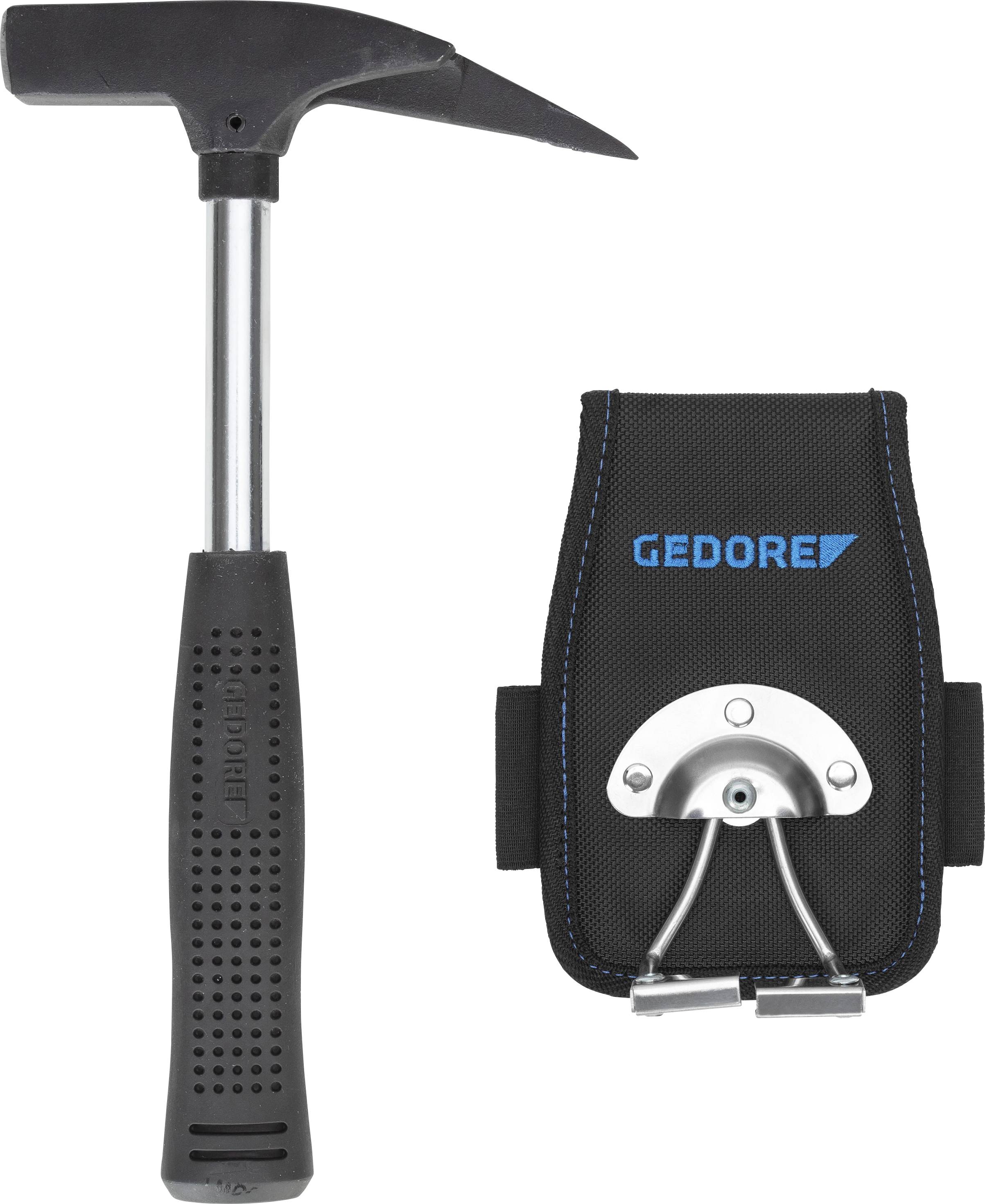 Marteau avec manche noir à côté d'une sacoche de ceinture noire portant le logo bleu 'GEDORE'.