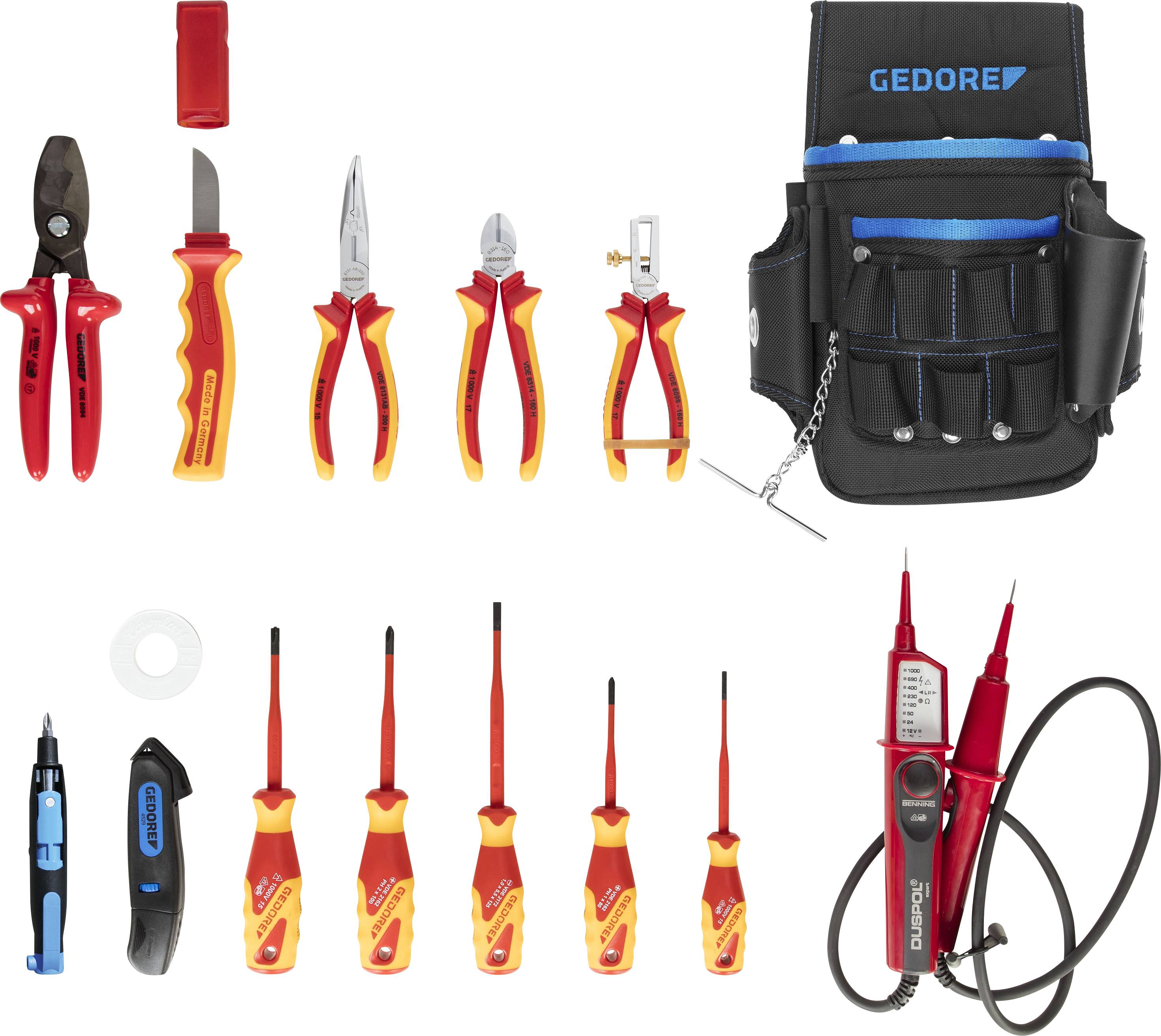 Un ensemble d'outils de 18 pièces, comprenant différentes pinces, tournevis, un couteau, un testeur de tension et un support d'outils.