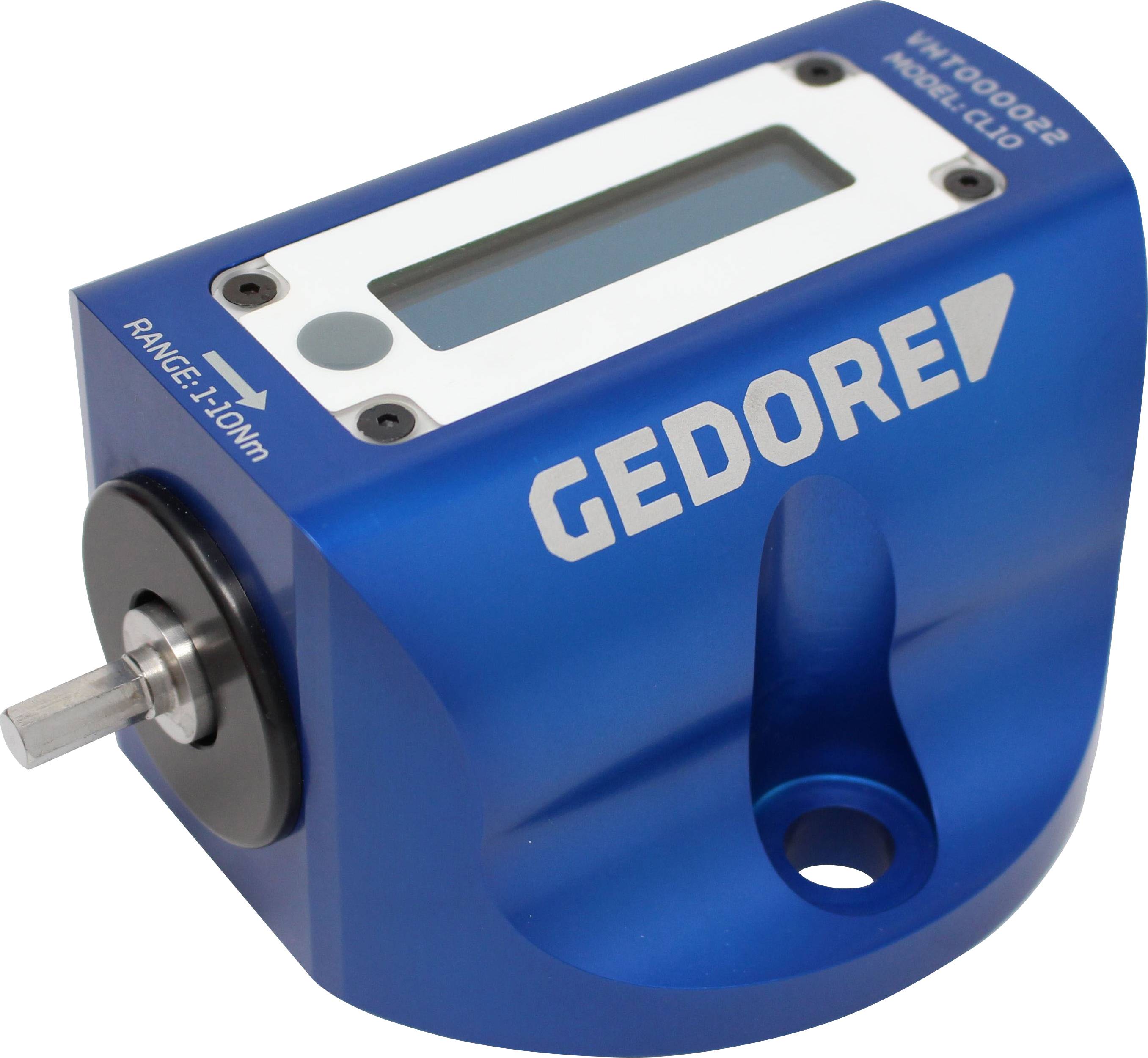 Appareil de mesure électronique bleu avec affichage LCD, marqué 'GEDORE'. Indique la plage de couple ; connecteur sur la gauche.