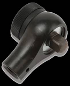 Un adaptateur de cliquet compact noir avec une tête tournante striée. Utilisé pour connecter des clés à douille avec un mécanisme de cliquet.