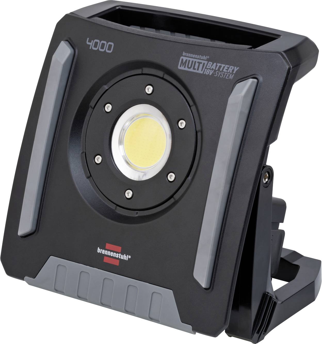 Lampe de travail LED portative noire avec poignée de transport, lampe centrale et étiquette « 4000 » sur le devant.
