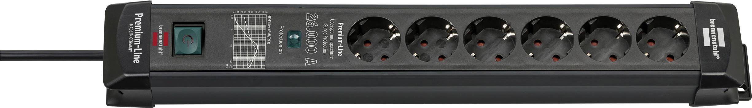 Bloc d'alimentation noir avec huit prises, cordon long, interrupteur marche/arrêt intégré et voyant de protection contre les surcharges.