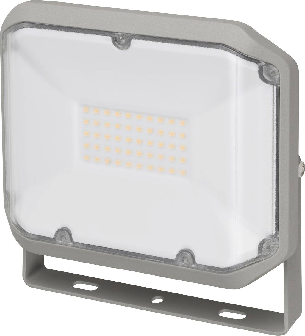 Projecteur LED gris avec boîtier rectangulaire et support de montage, présenté sur fond blanc.