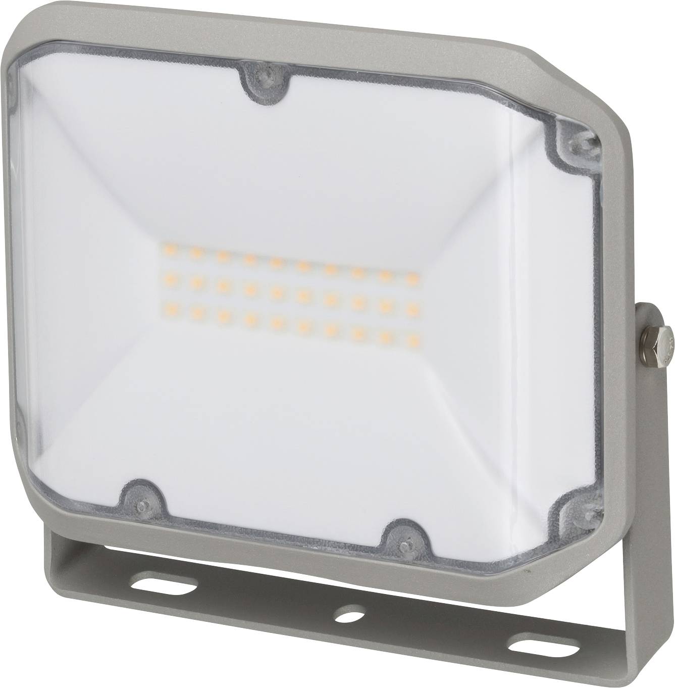 Projecteur LED gris avec un diffuseur rectangulaire dépoli et un support de montage, présenté en vue de face.