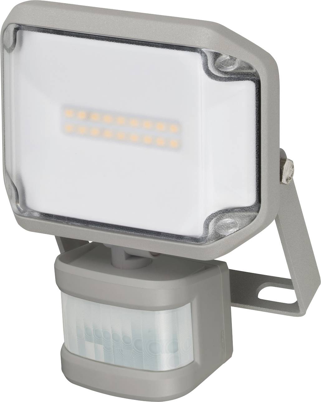 Projecteur de sécurité LED gris avec capteur de mouvement monté sur un support.