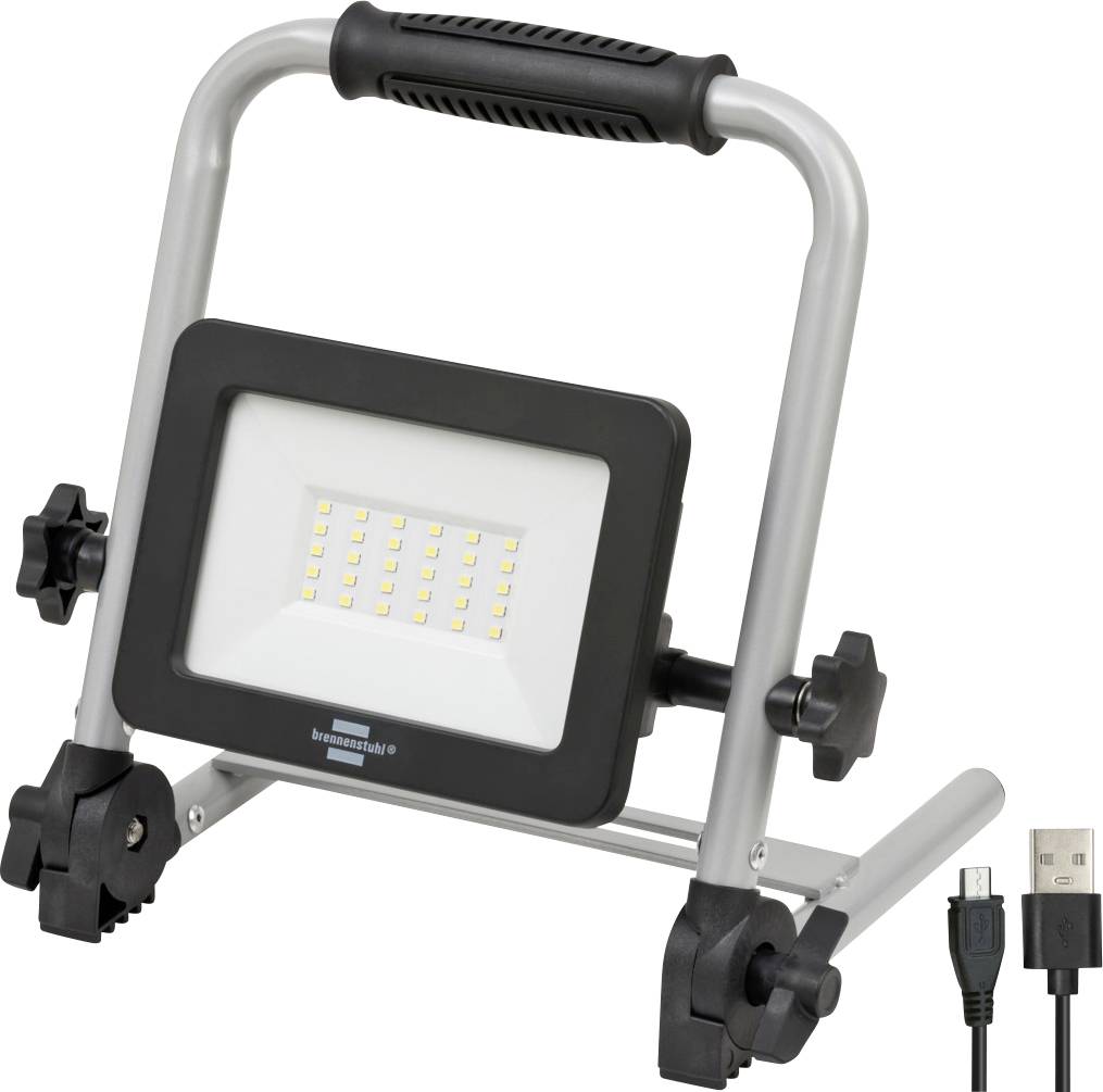 Lampe de travail LED portable avec support réglable et poignée, présentée avec câble de charge USB.
