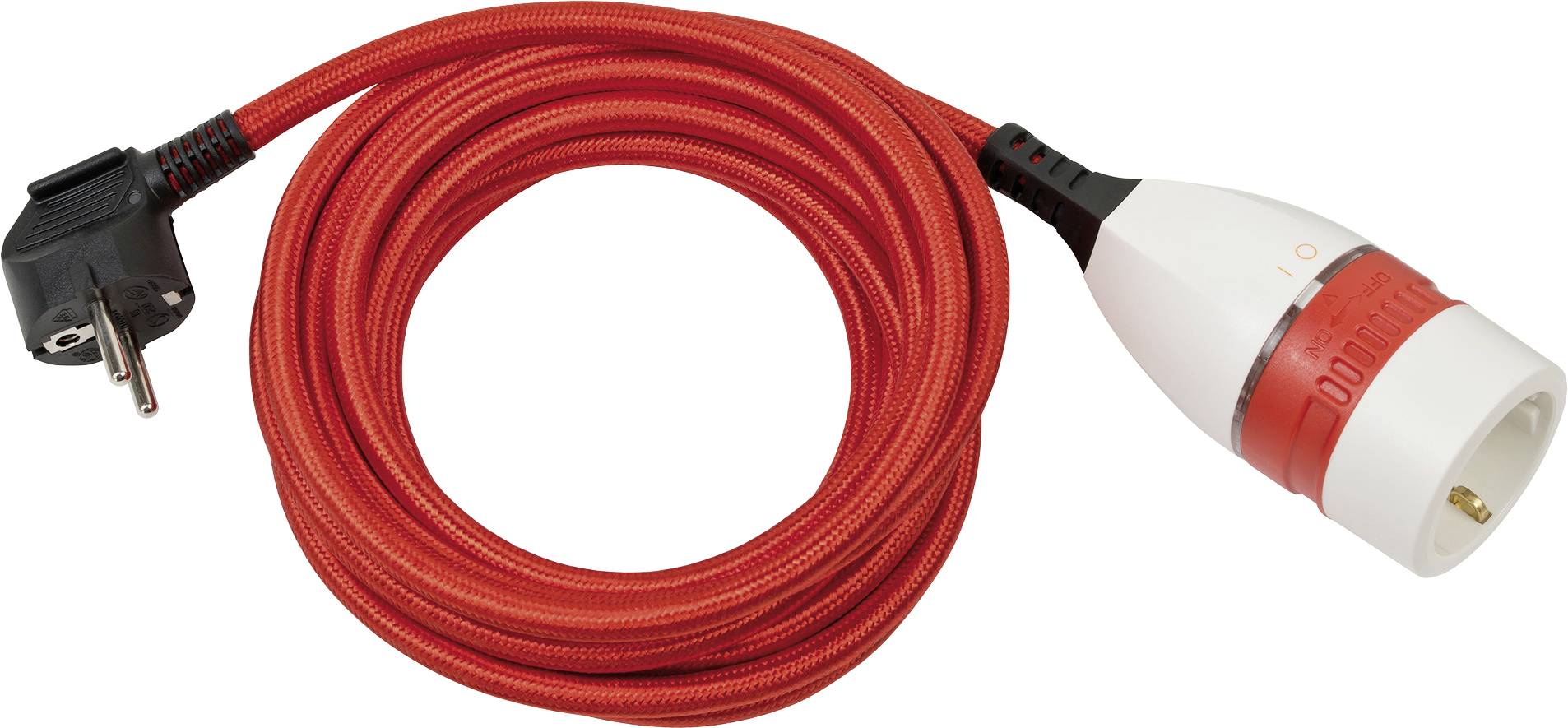 Cordon d'alimentation électrique tressé rouge enroulé avec une prise noire et un connecteur blanc et rouge sur un fond blanc.