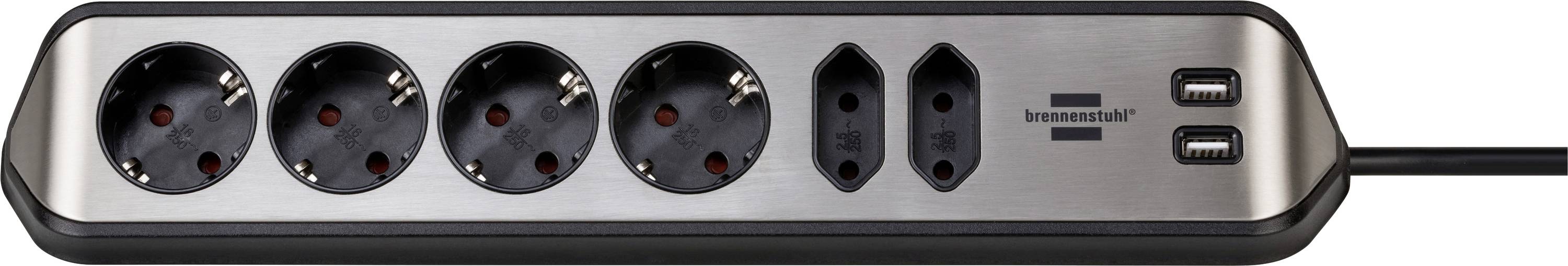 Une multiprise avec quatre prises rondes, deux ports USB et un cordon d'alimentation branché sur la droite.