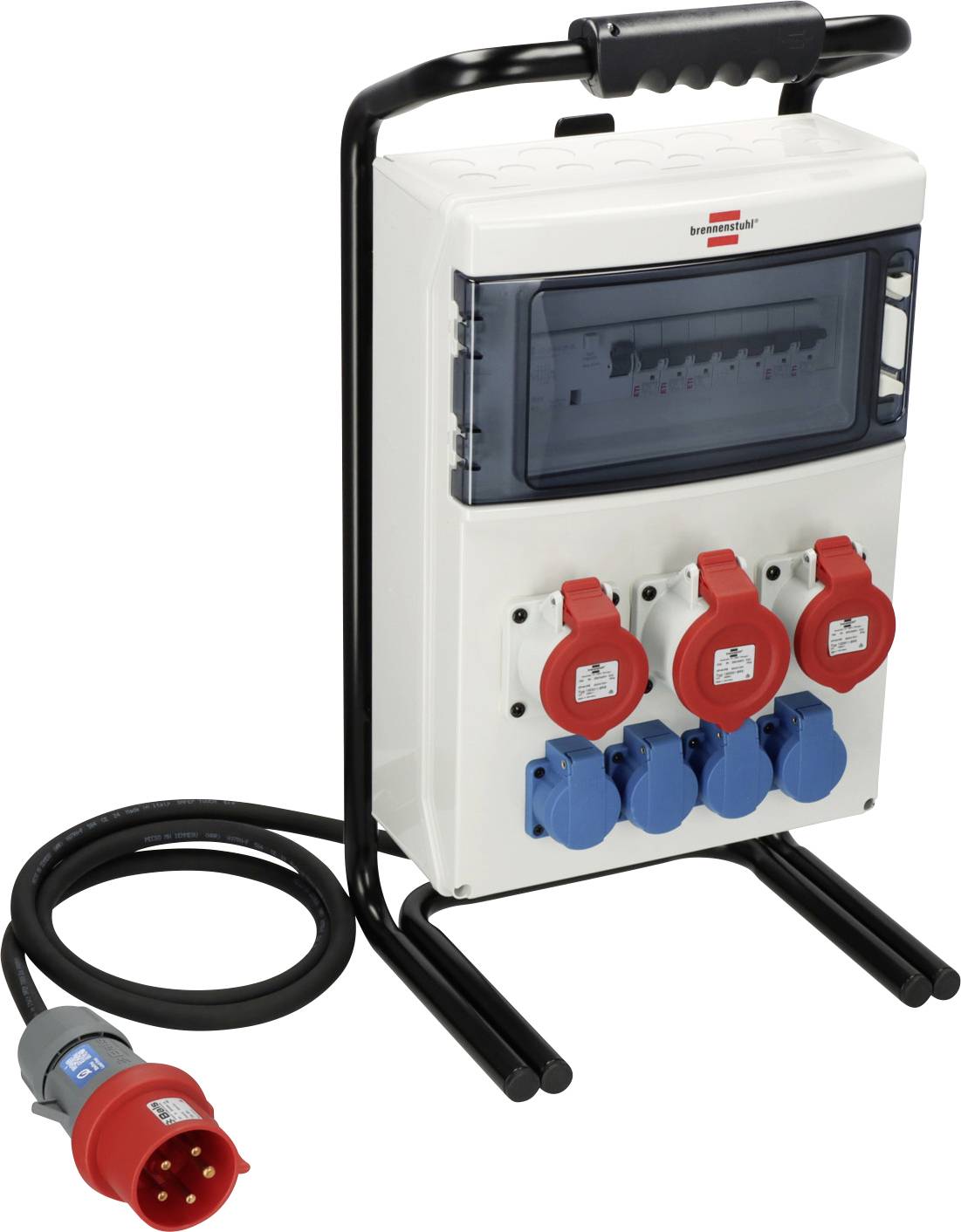 Boîtier de distribution électrique portable avec poignée et support, présentant plusieurs prises de courant industrielles rouges et bleues et une fiche de câble connectée.