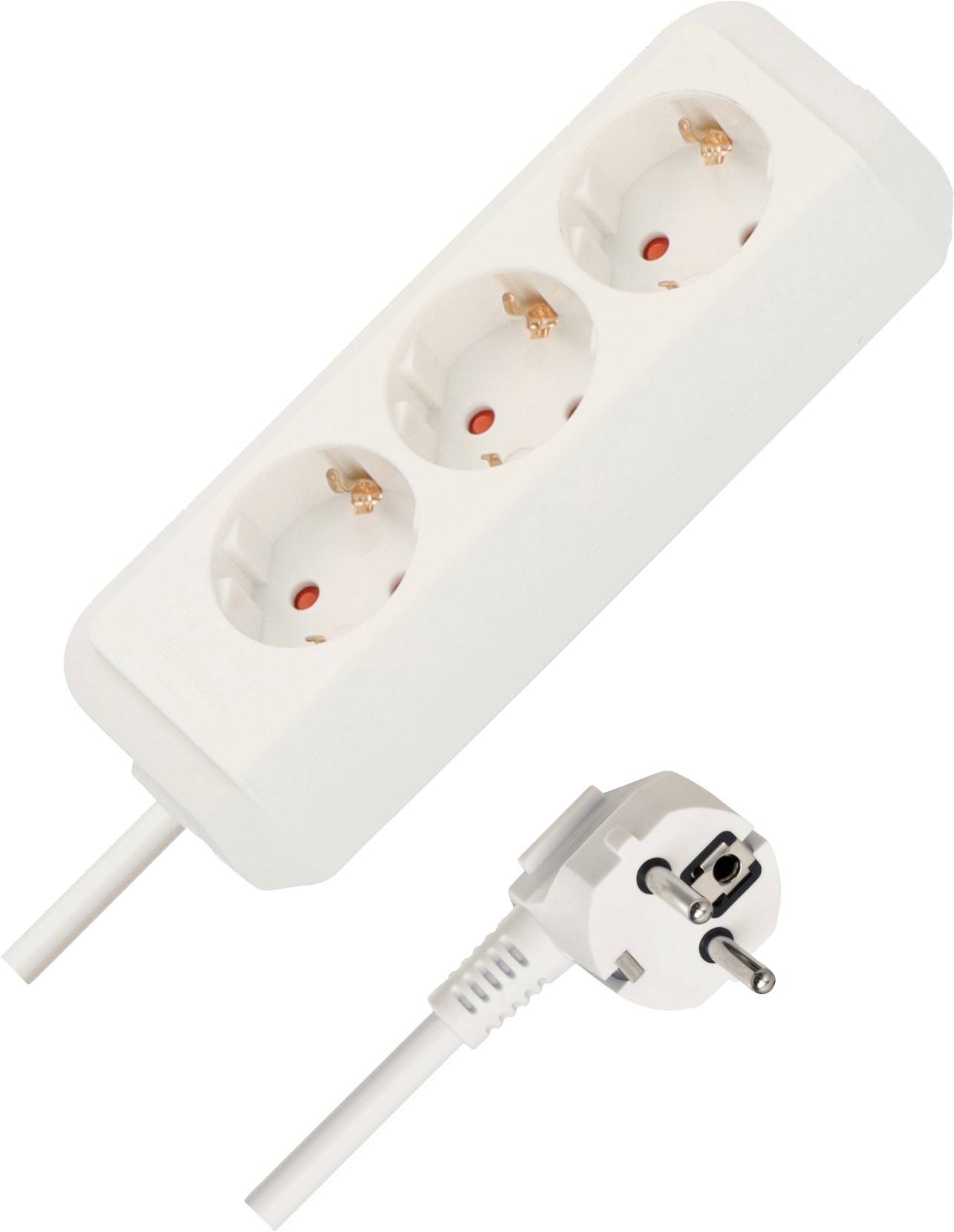 Bloc d'alimentation blanc à trois prises avec fiche européenne attachée et câble, présenté sur un fond blanc.