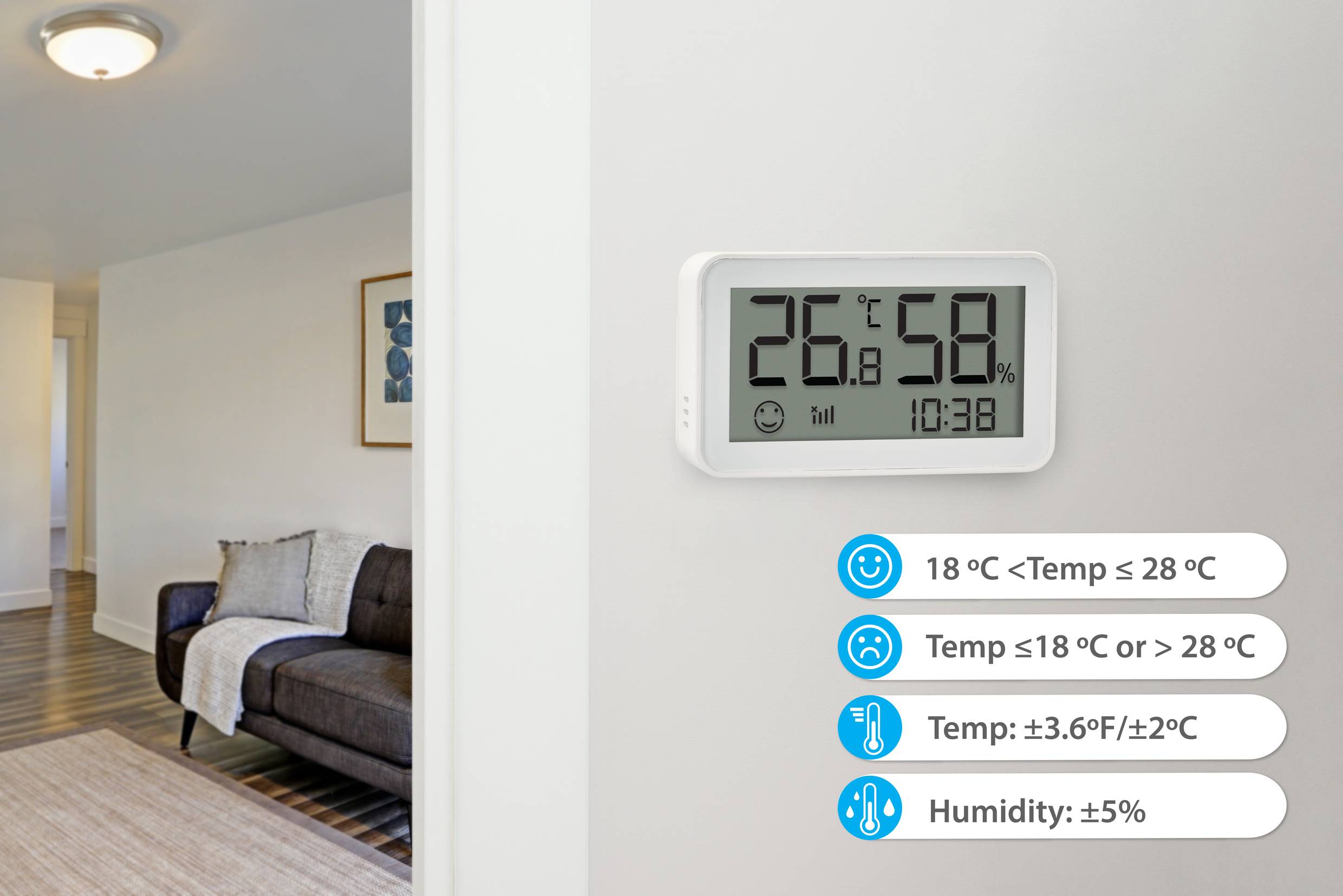 Un thermostat mural affiche 26,6°C et 58% d'humidité relative. À droite sont indiquées des recommandations de confort pour la température et l'humidité.