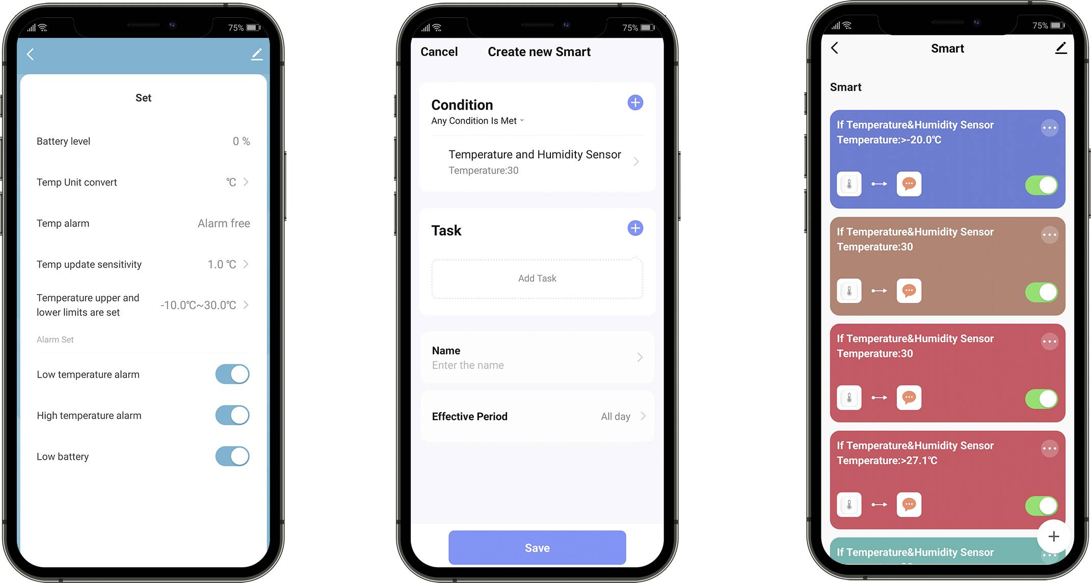 Trois écrans de smartphone montrent des options de contrôle pour les capteurs de température. À gauche : Réglage de la limite de température. Au centre : Définition des conditions. À droite : Aperçu des tâches automatisées.