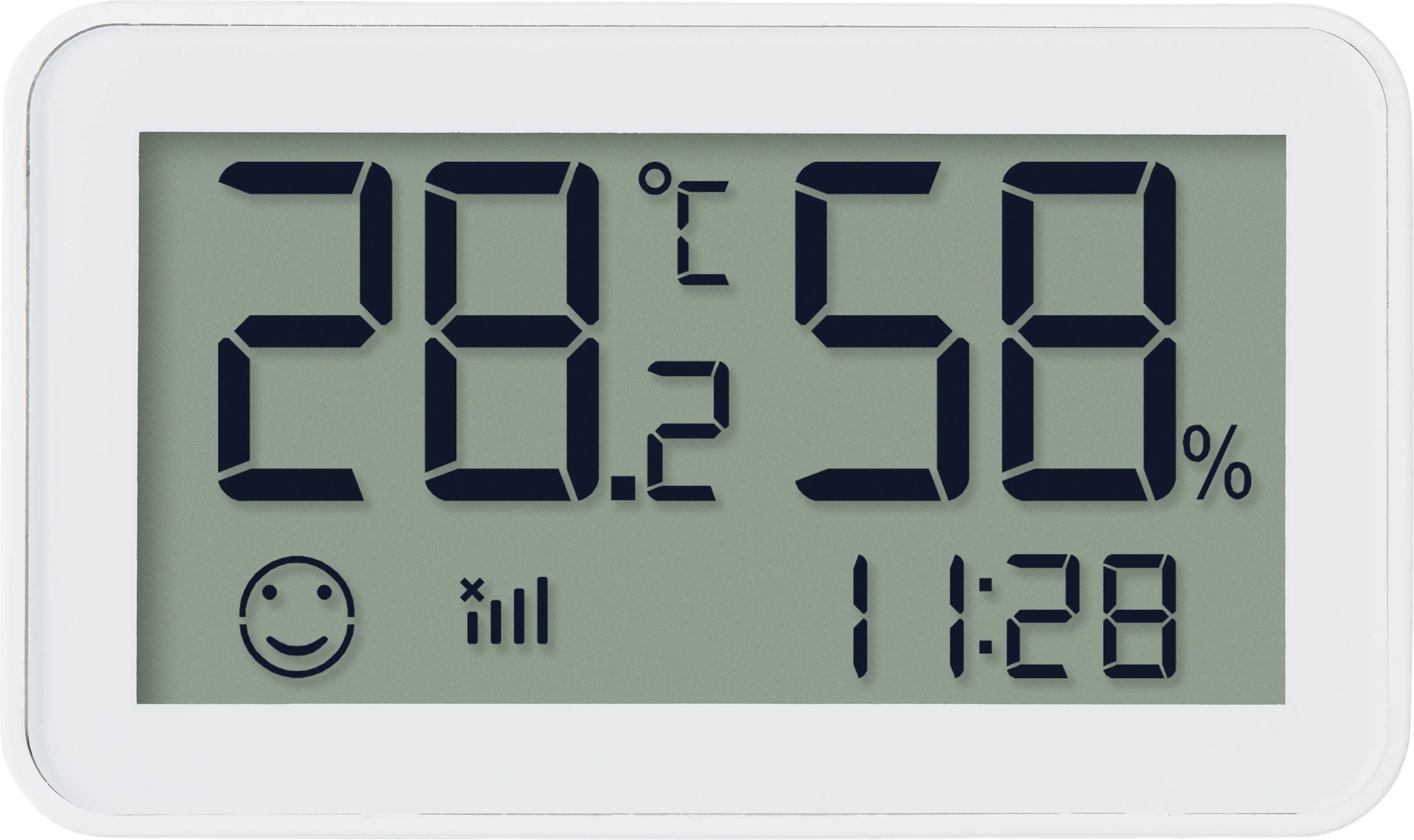 Affichage électronique indiquant '28°C, 50% d'humidité' avec un smiley, un symbole de signal et l'heure '11:28'.