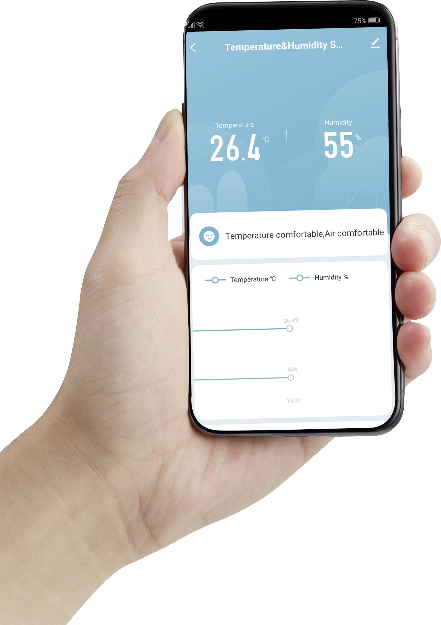 Une main tient un smartphone affichant une application de surveillance de la température et de l'humidité. Température 26,4 °C, humidité relative 55 %.