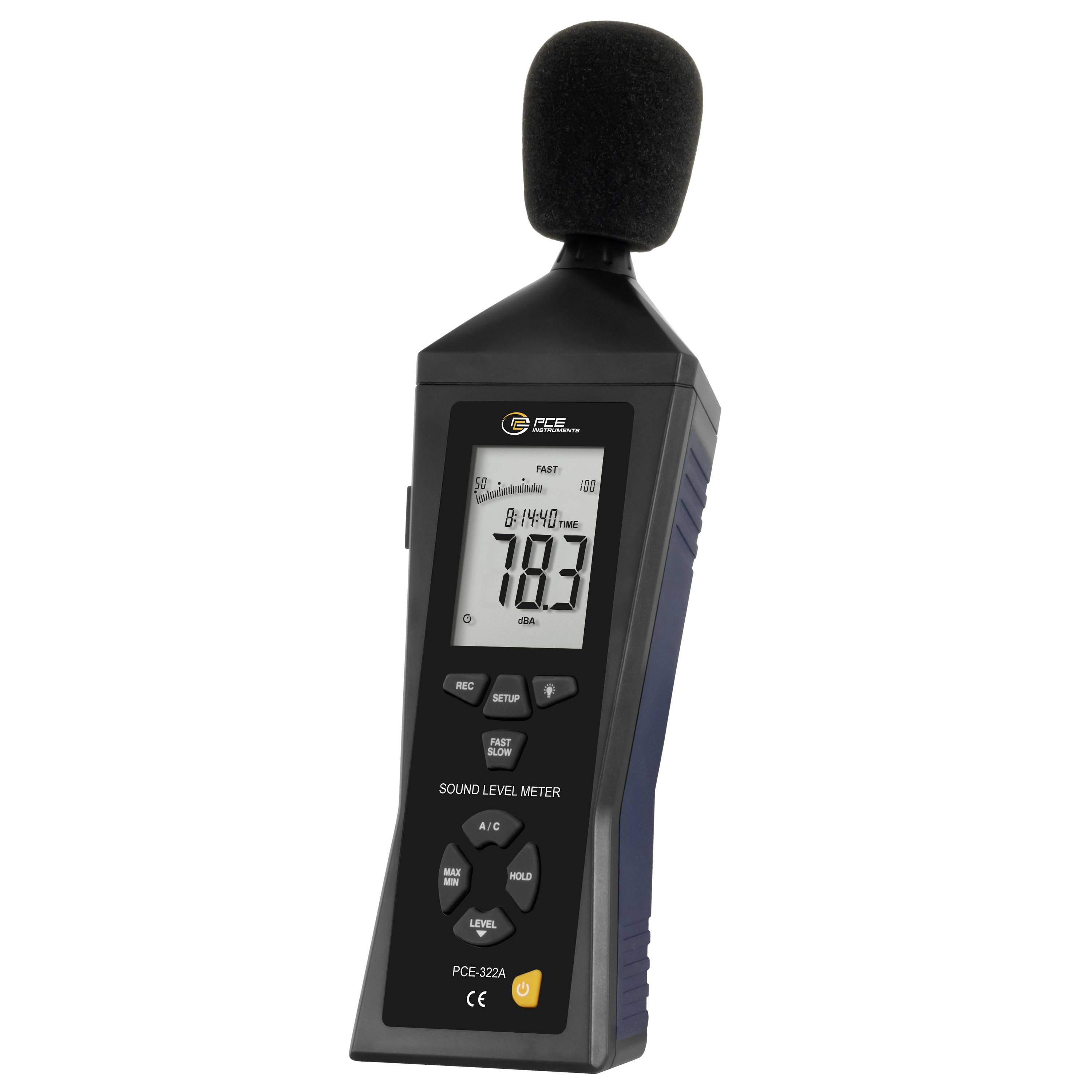 Sonomètre portatif avec bonnette anti-vent en mousse pour microphone, affichage numérique indiquant 78,3 dB, et boutons de commande sur la façade.