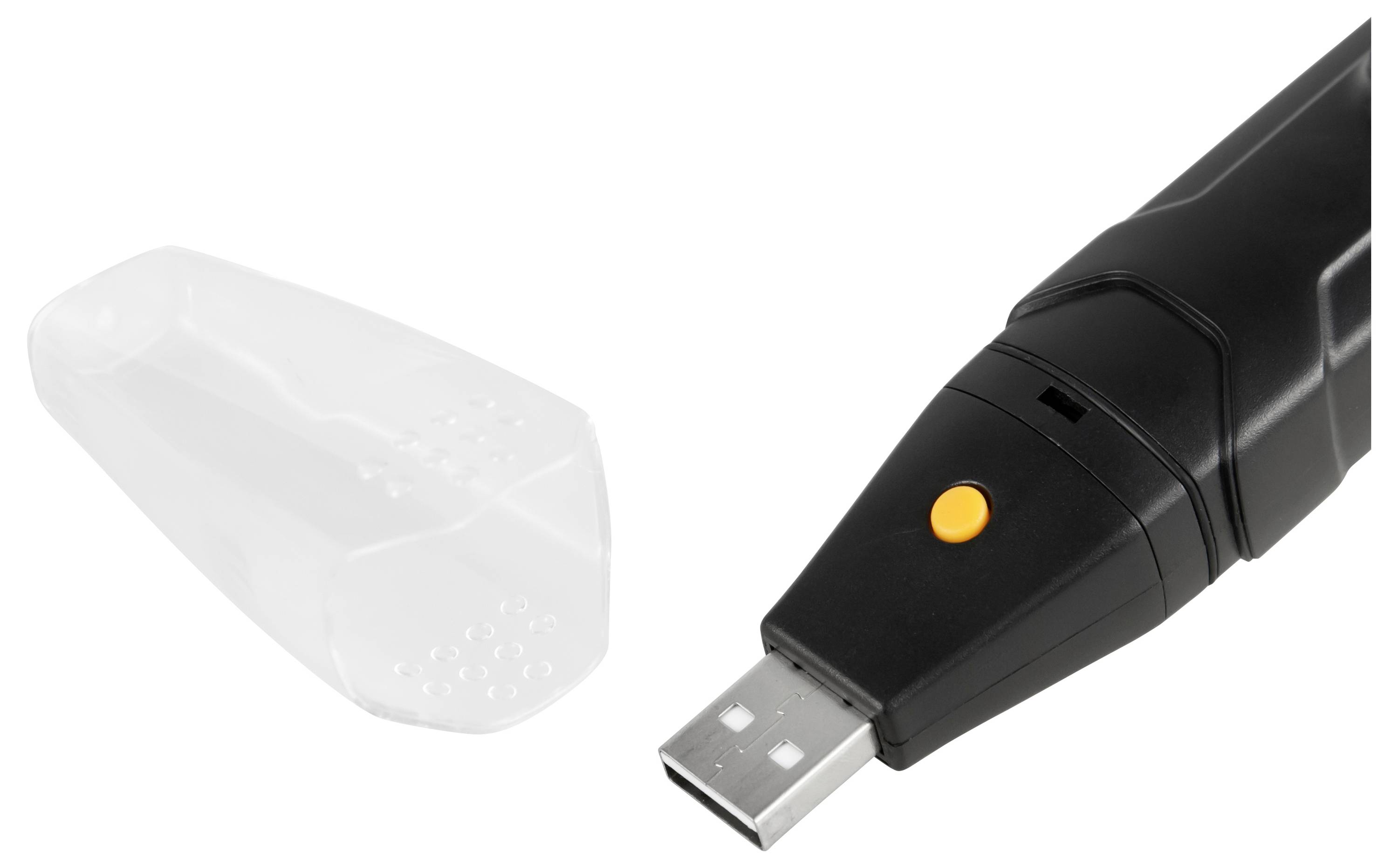 Lampe de poche noire rechargeable par USB avec un bouton orange et un capuchon diffuseur blanc translucide montré à côté.