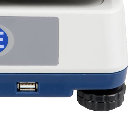 Un appareil électrique avec un port USB sur le devant et un logo gris sur un fond bleu en haut à gauche.