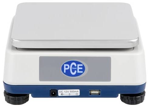 Appareil compact blanc et bleu avec un couvercle fermé, logo PCE, entrée d'alimentation DC 12V 500mA, port USB et pieds en caoutchouc.