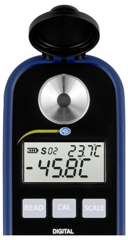 Thermomètre/hygromètre numérique affichant 23,7°C et -45,8°C, avec les boutons READ, CAL et SCALE visibles.