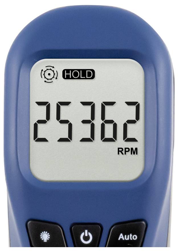 Affichage de tachymètre numérique montrant 25,362 tr/min avec indicateur « HOLD » et boutons auto/light/power sur un appareil portatif bleu.