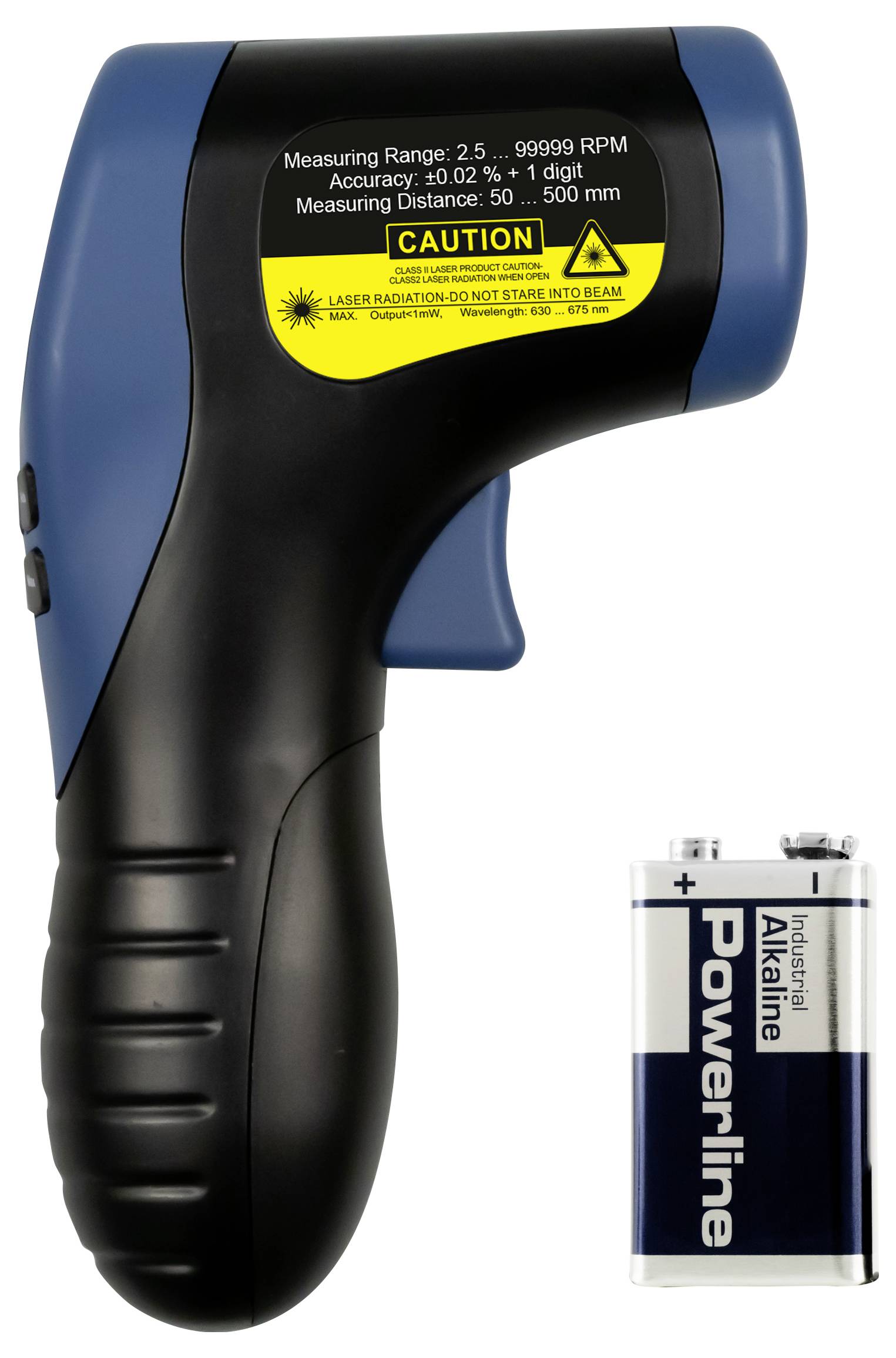 Pistolet thermomètre infrarouge sans contact portatif avec étiquette d'avertissement, présenté à côté d'une pile 9V pour référence de taille.