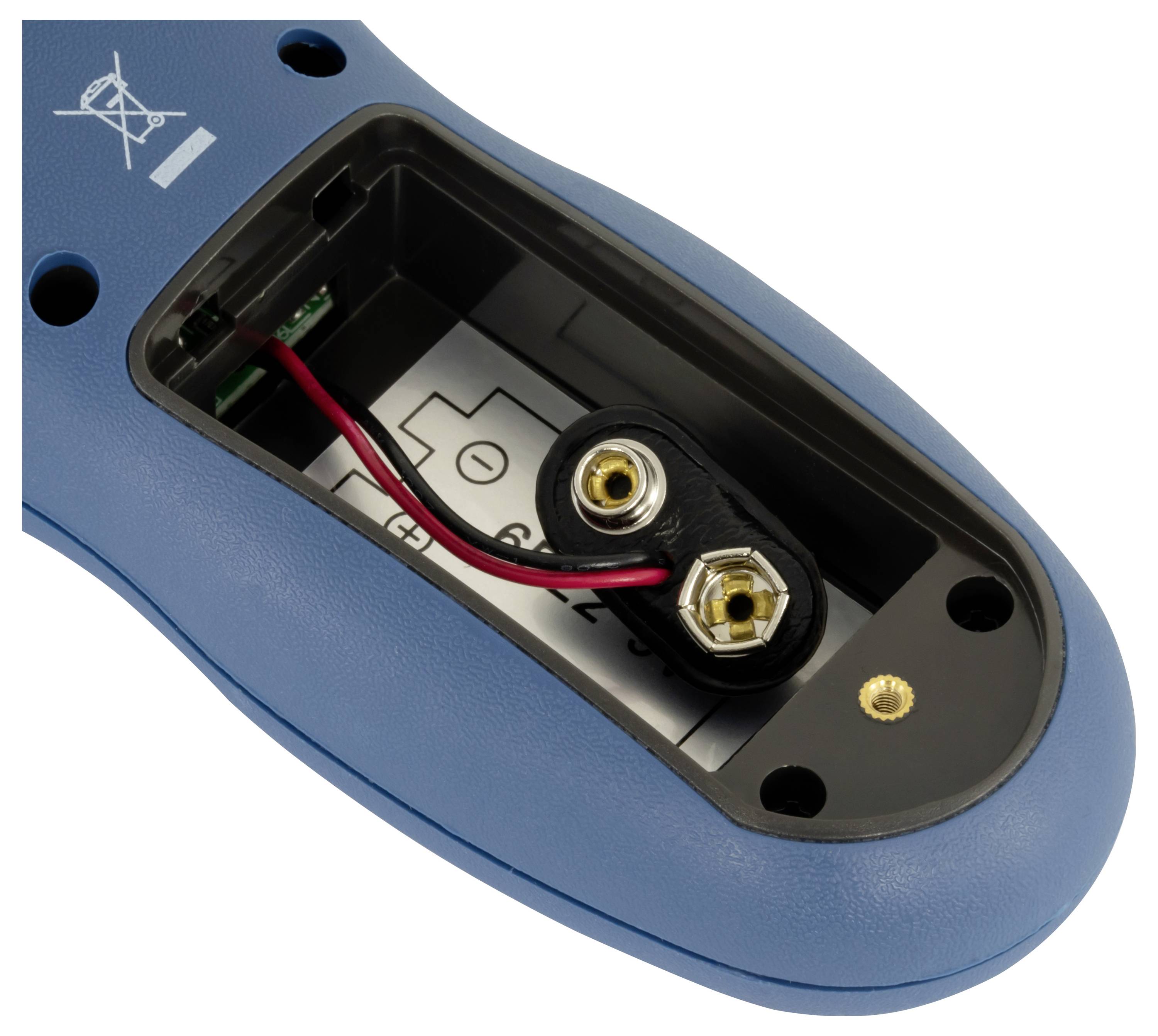 Ouvrir le compartiment à batterie dans un appareil bleu, montrant deux bornes de batterie 9V avec des fils rouges et noirs à l'intérieur.
