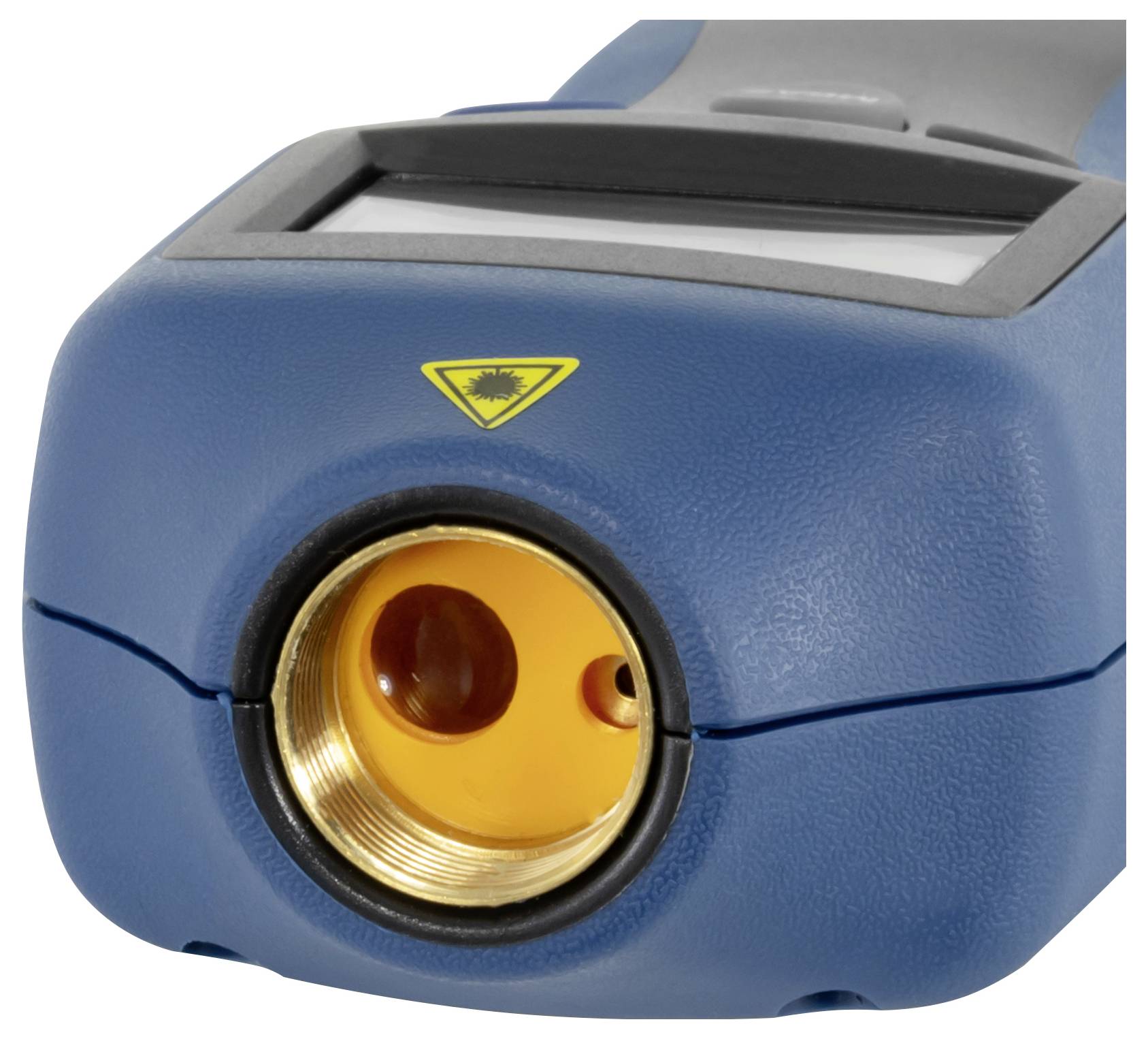 Appareil laser portable bleu avec un symbole d'avertissement jaune et une lentille frontale circulaire, montré en gros plan sur un fond blanc.