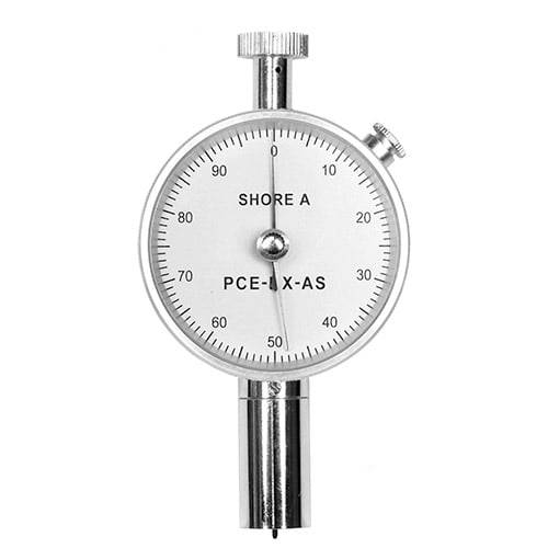 Durométre analogique Shore A avec cadran rond et aiguille, étiqueté « SHORE A » et « PCE-DX-AS ».
