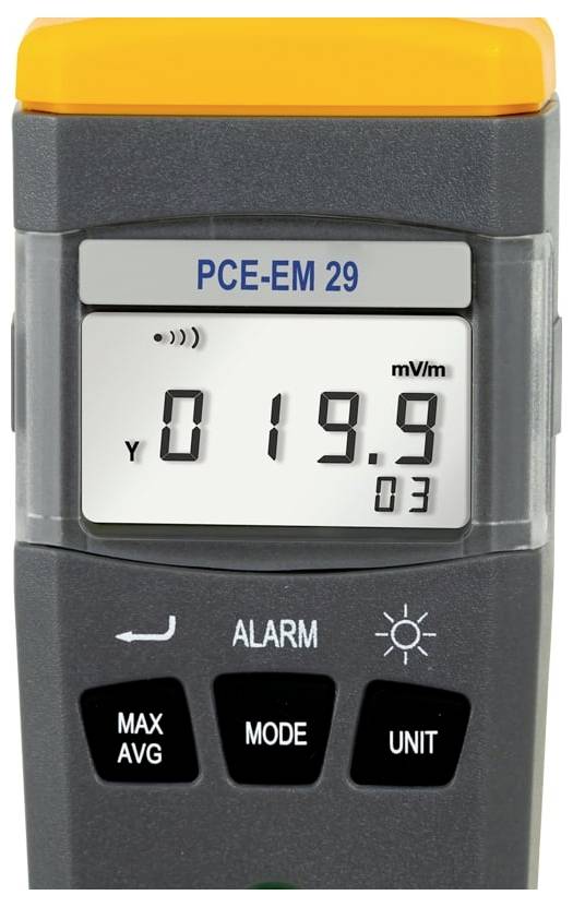 Appareil de mesure portatif affichant « PCE-EM 29 » et une lecture de 019,9 avec « 03 » dessous, ainsi que des boutons pour MAX/AVG, MODE, UNIT et ALARM.
