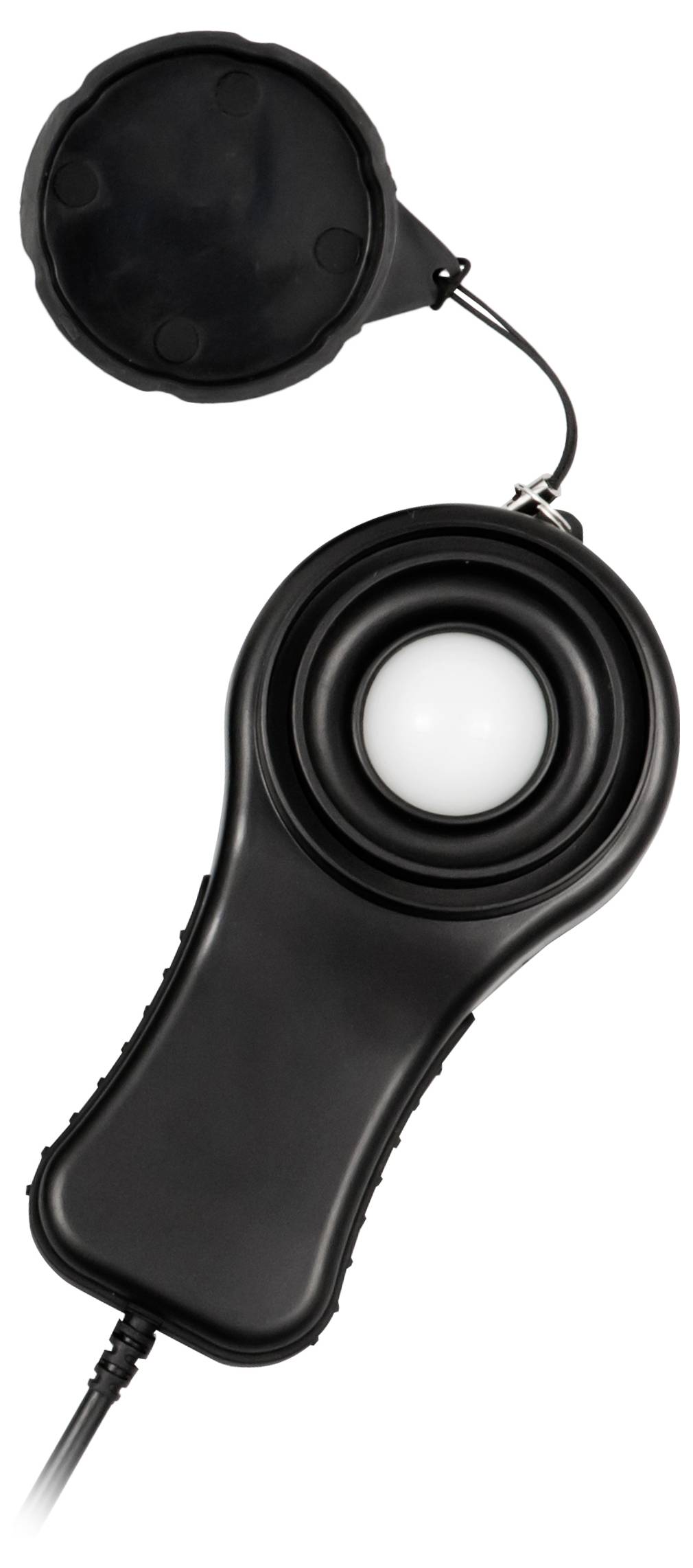 Télécommande filaire portable noire avec un grand bouton central blanc et un capuchon attaché, présentée sur un fond blanc.