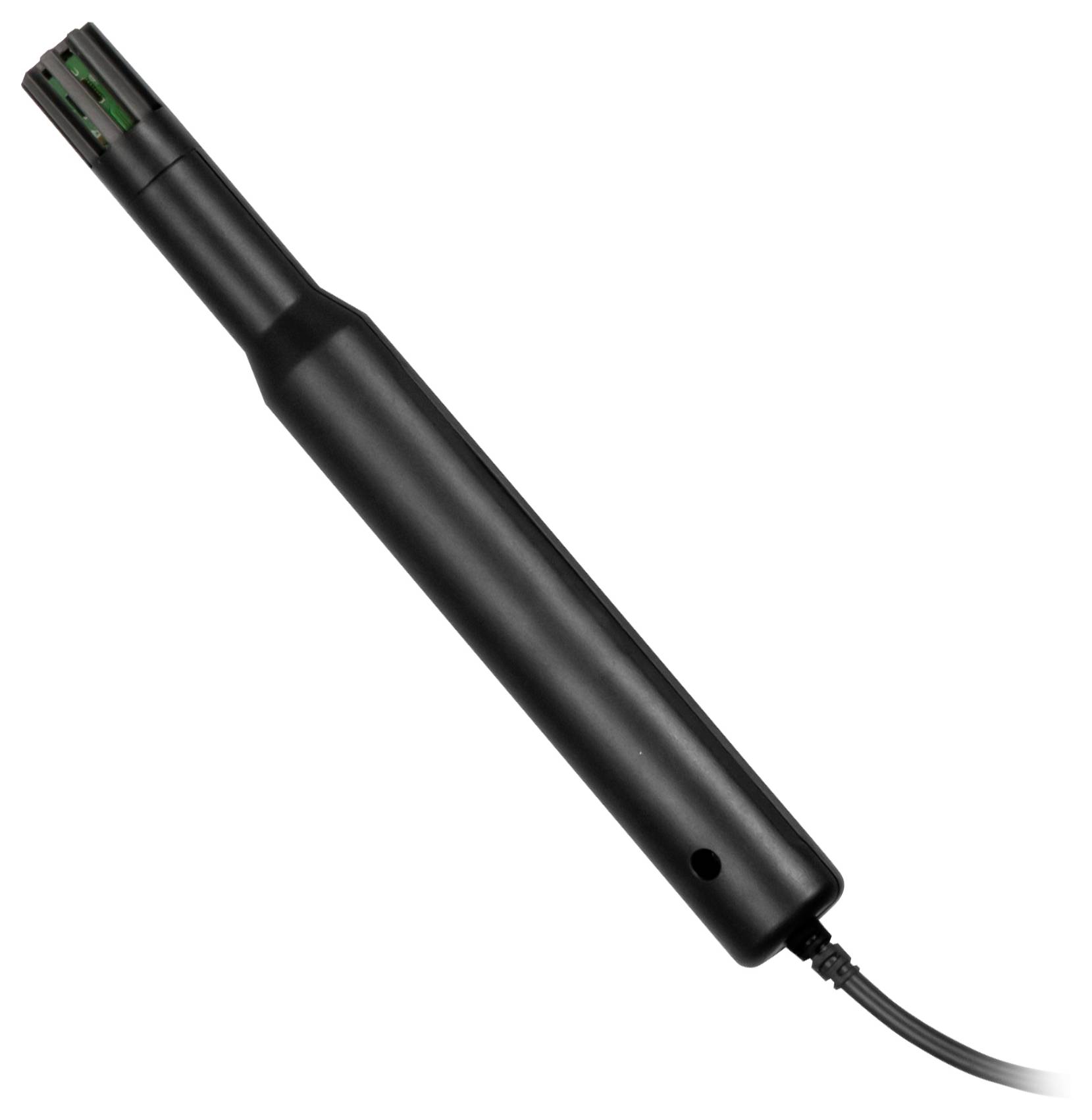 Sonde électronique portative noire avec un long corps cylindrique, une pointe aérée et un câble attaché, présenté sur un fond blanc.