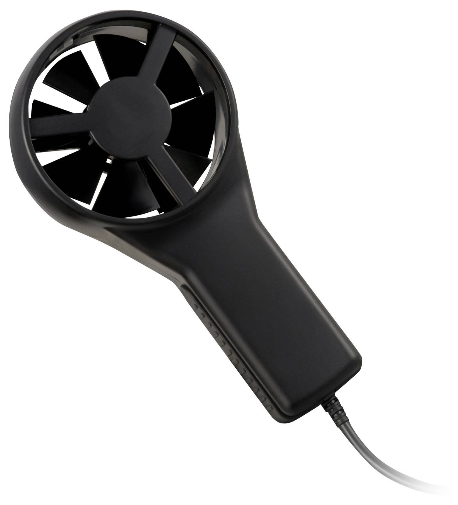 Ventilateur électrique portatif noir avec cordon, présenté sur fond blanc.